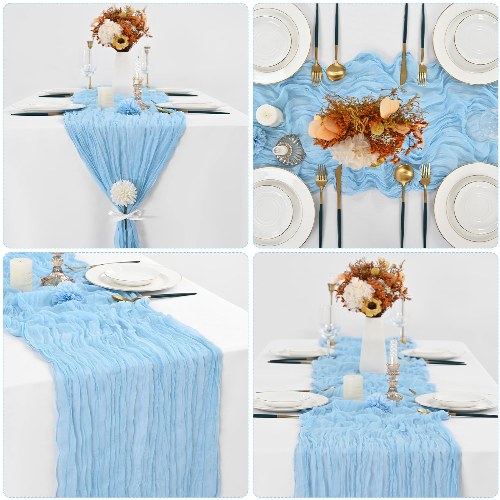 10 Pcs Baby Blue Cheesecloth Table Runner 10Ft, Gauze Table Runner For Wedding Reception Sheer Bridal Shower Birthday Party Boho
