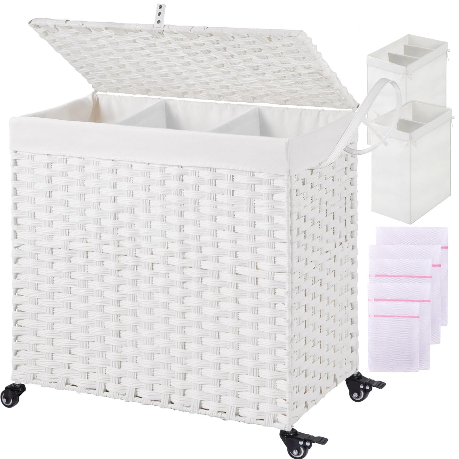 Greenstell Laundry Hamper With Wheels&Lid, 140L Large 3 Sections Clothes Hamper With 2 Types Removable Liner Bags, 5 Mesh Laundr