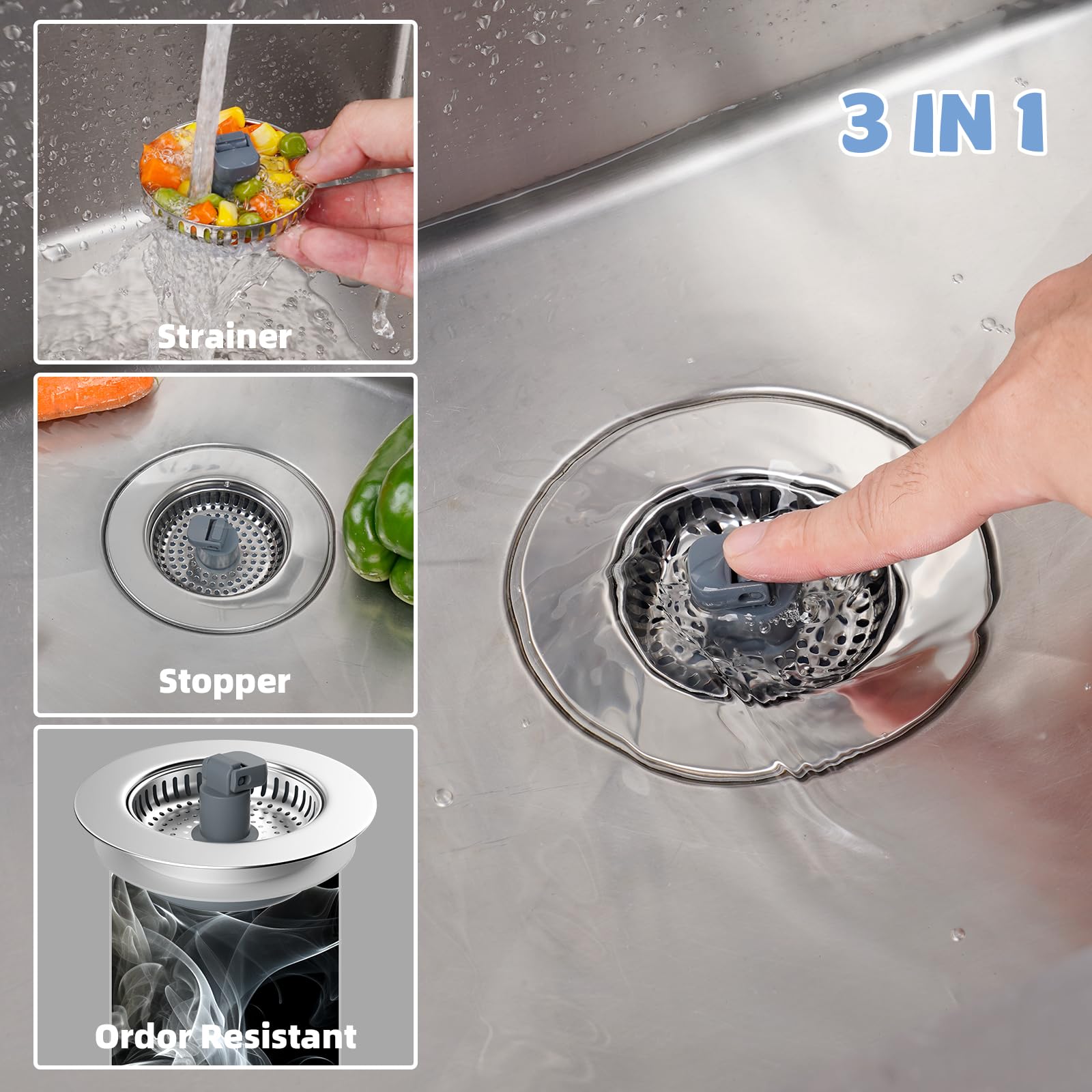 Hibbent Universal 3 In 1 Kitchen Sink Drain Strainer With Sink Stopper, Stainless Steel Wrapped Shell, Sus304 Anti-Clogging Bask
