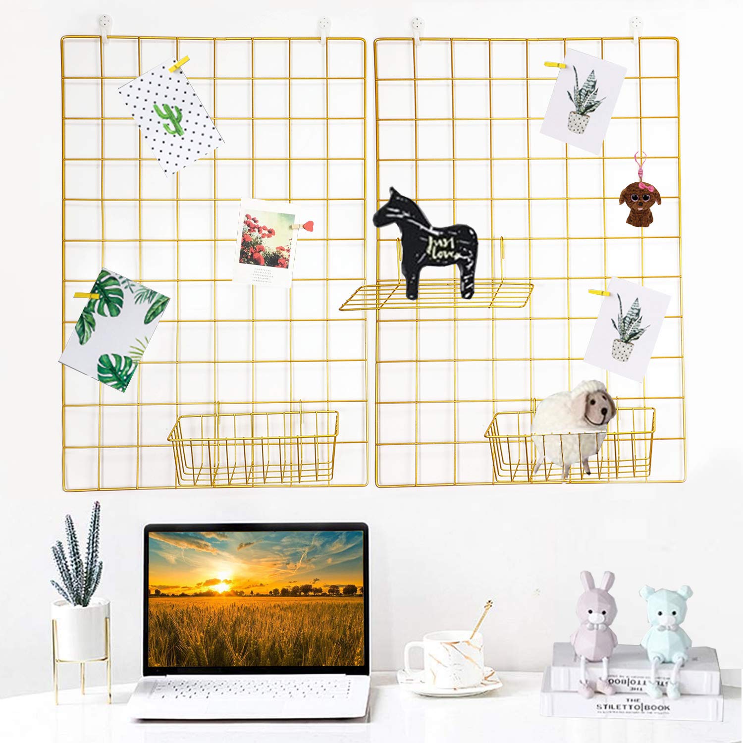 GBYAN Gold Wall Grid Panels 2 Pack Christmas Decoration Multifunctional Wall Organizer Hanging Memo Board Metal Wire Photo Grid 
