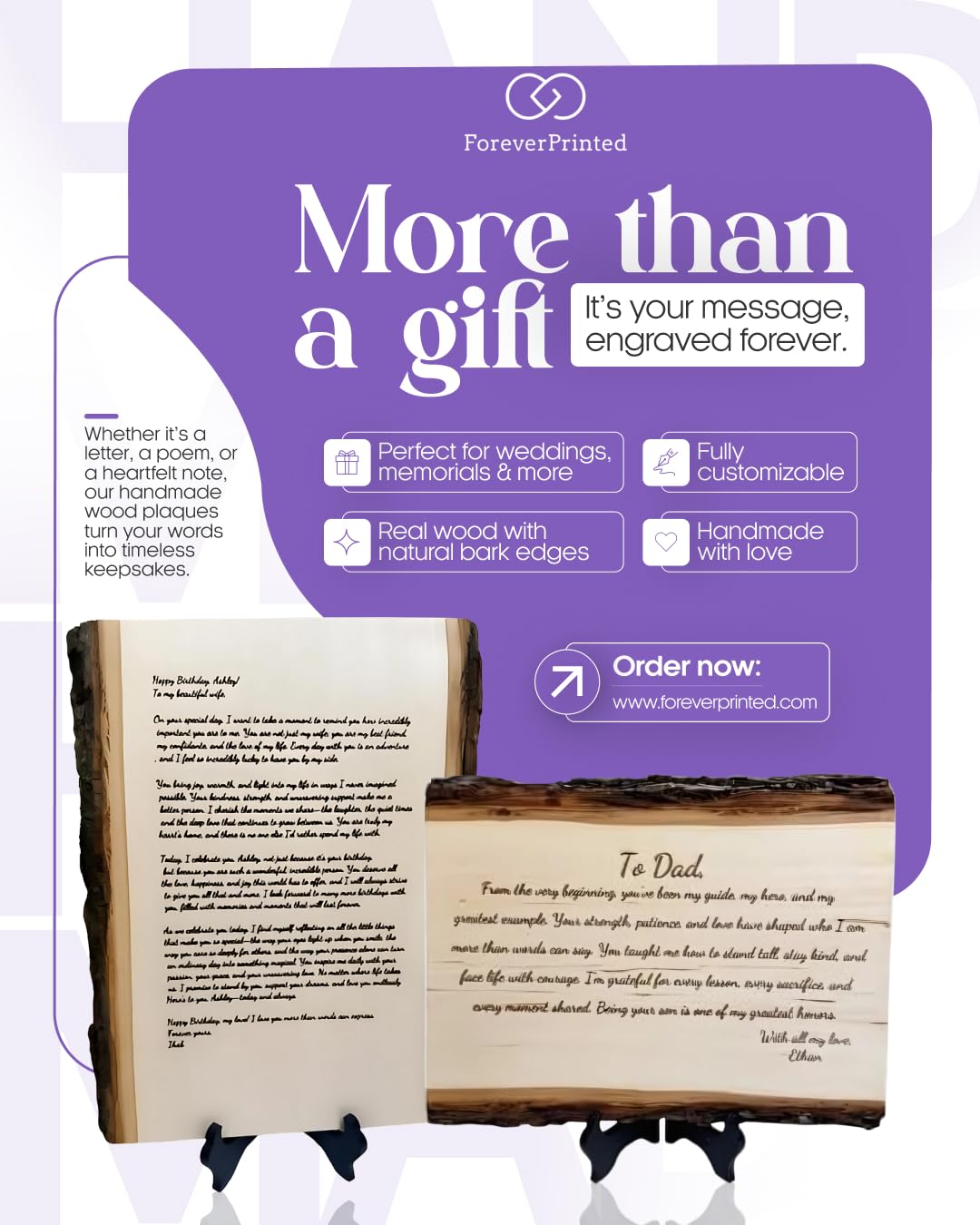 Personalized Wood Engraving with Your Message, Poem or Letter - Custom Rustic Plaque with Bark - 11x7-9 Inches - Unique Gift for