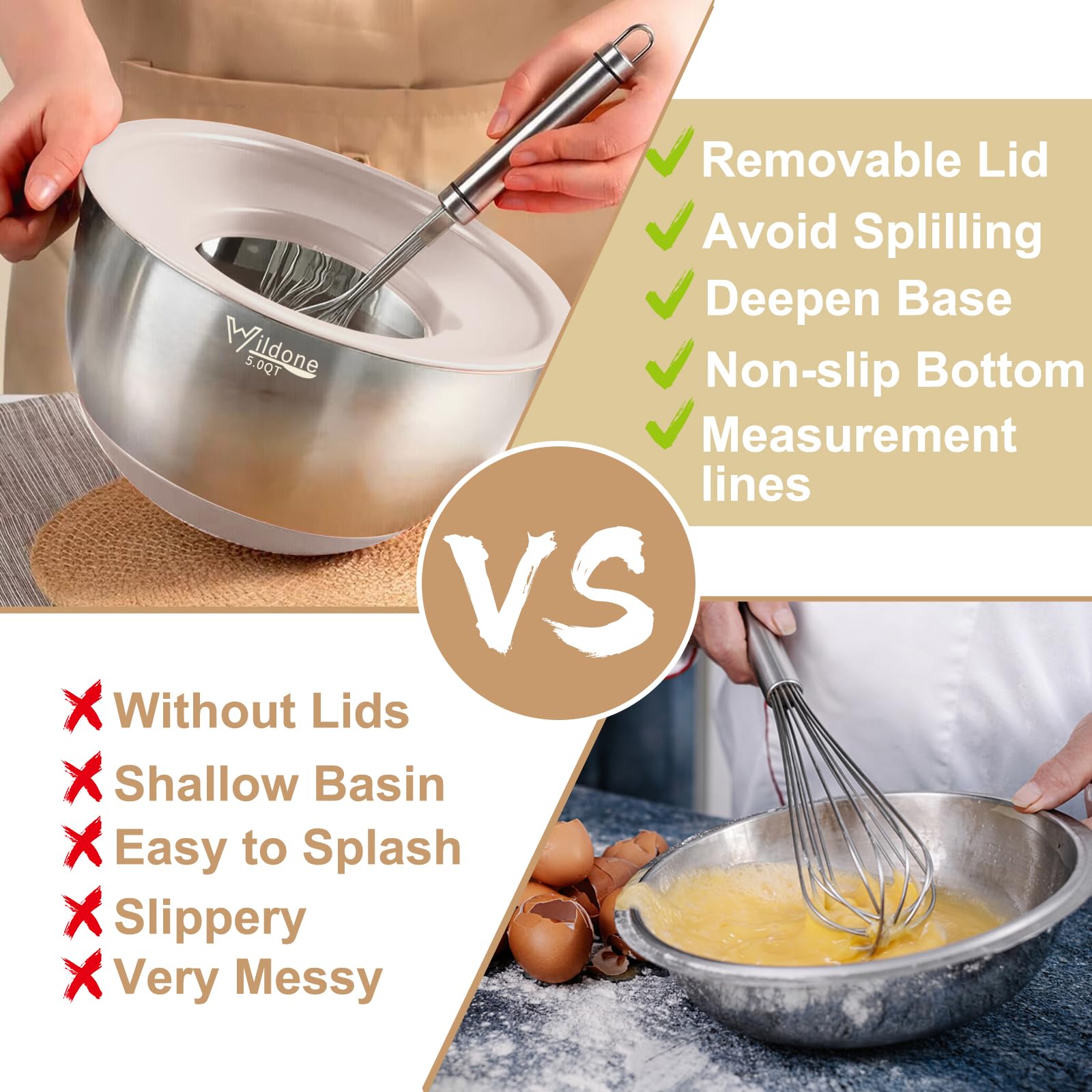 Wildone Mixing Bowls With Airtight Lids, 27 Pcs Stainless Steel Nesting Bowls, With 3 Grater Attachments, Scale Mark & Non-Slip