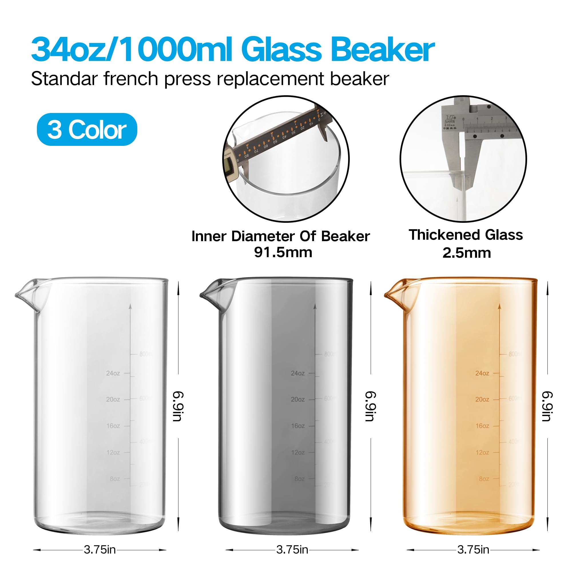 Standard Universal Design 34 Oz French Press Replacement Glass Beaker, Fits Most Brands French Press Coffee Makers (1Quart / 100