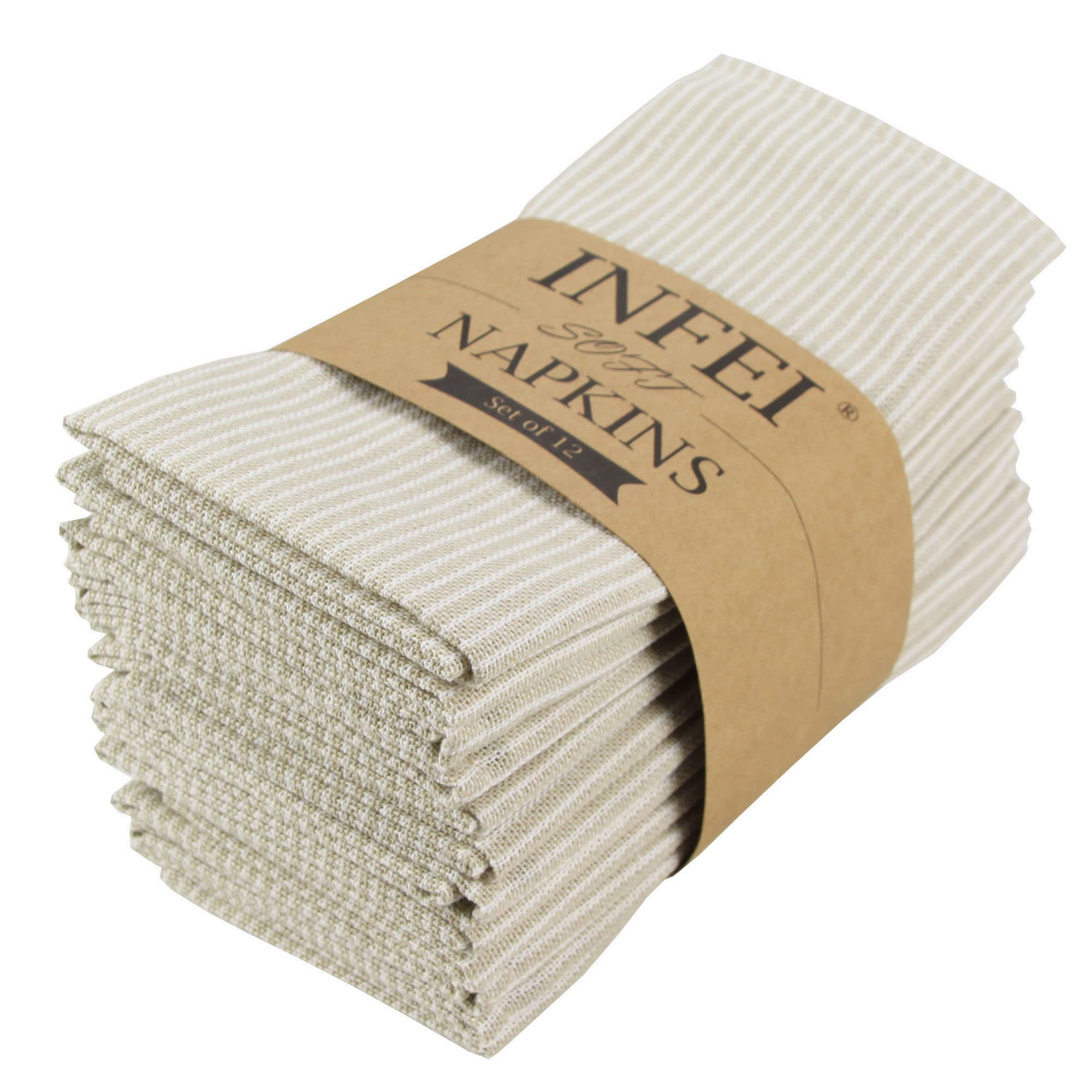 Infei Narrow Striped Cotton Linen Blended Dinner Cloth Napkins - Set Of 12 (40 X 40 Cm) - For Events & Home Use (Beige)