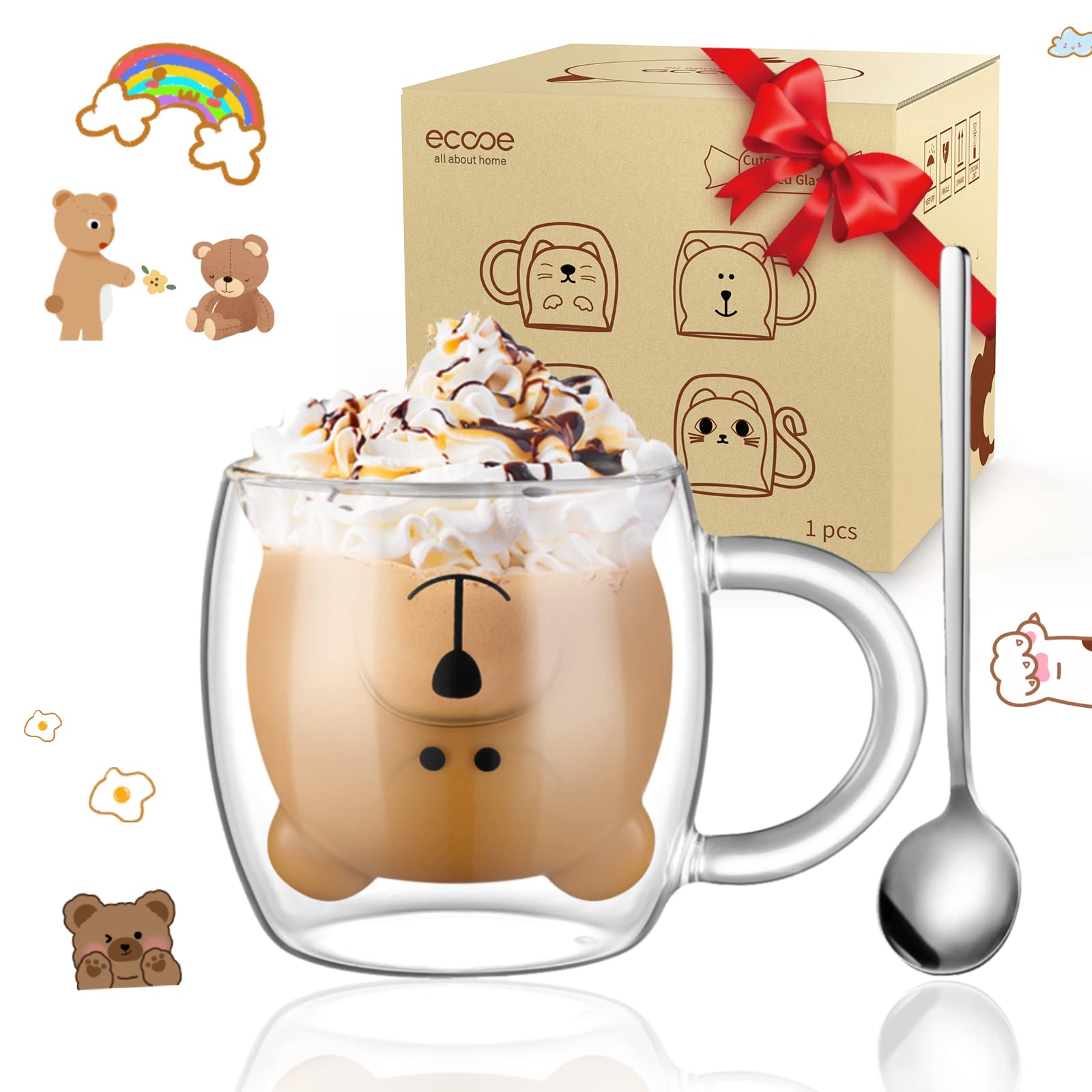 Ecooe Cute Bear Mug Glass Coffee Cup 9.4Oz Double Walled Glass Mug Cappuccino Latte Glass Cup With Handle Spoon, Milk Tea Bear C