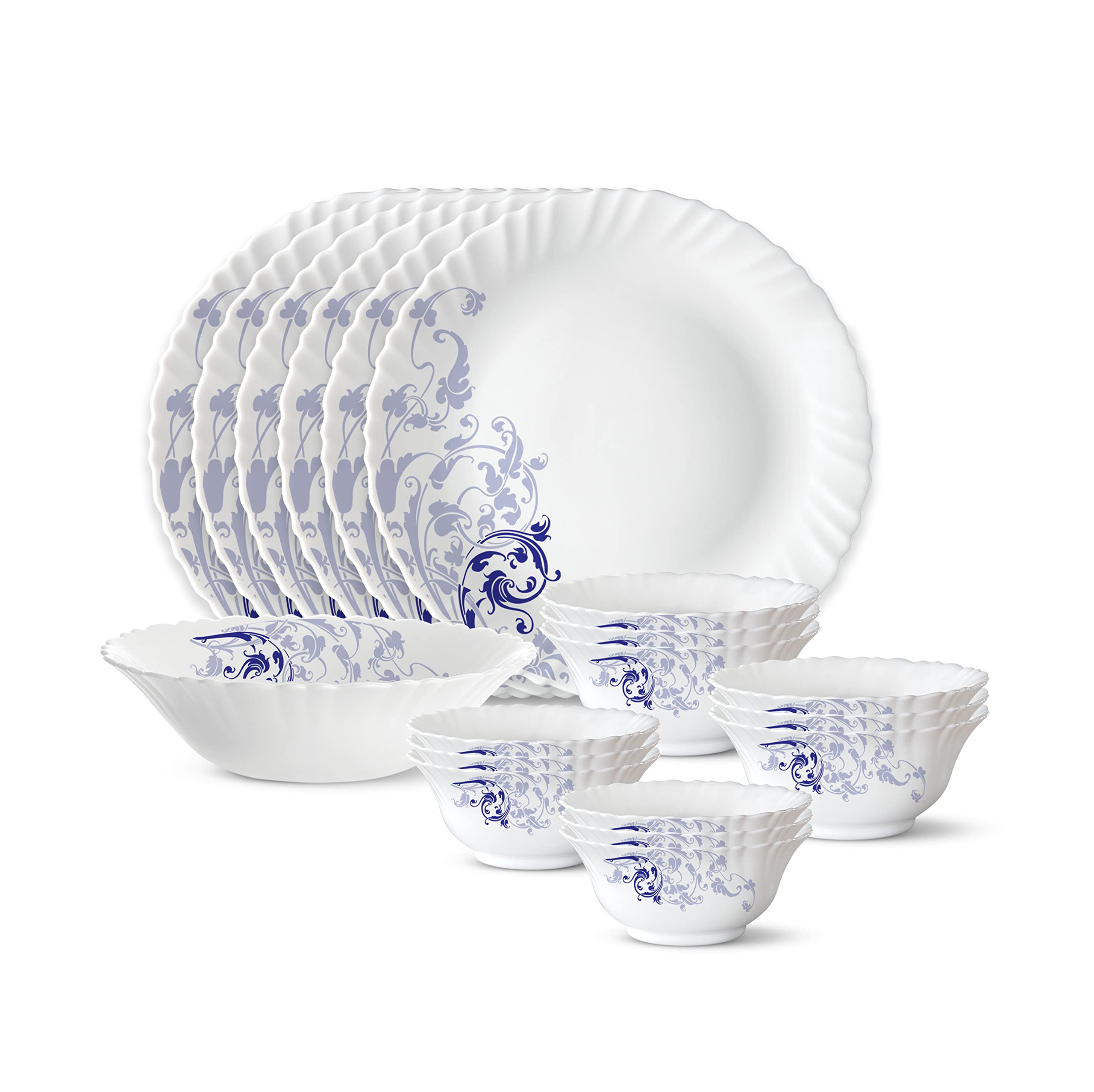 Larah By Borosil Silk Series Opalware Dinner Set | 19 Pieces For Family Of 6 | Microwave & Dishwasher Safe | Bone-Ash Free | Cro