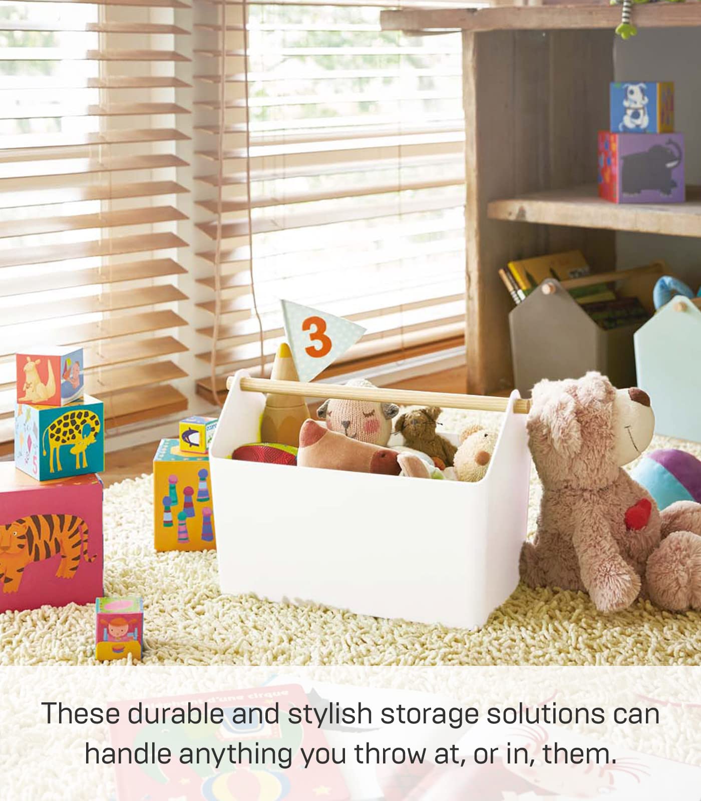 Yamazaki Home Storage Organizer/Cleaning Caddy/Storage Basket With Handle Plastic + Wood One Size White