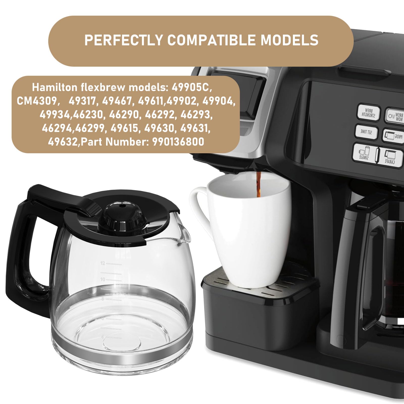 12-Cup Replacement Coffee Carafe Compatible With Hamilton Beach Coffee Maker Pot 49902, 49915, 49905C, Cm4309, 49317, 49467, 496