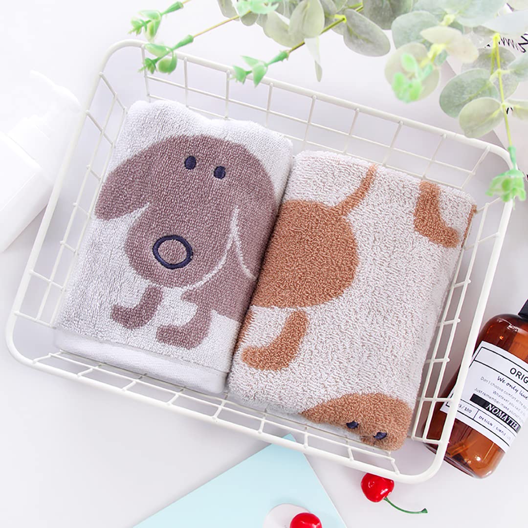 Kissvian 2 Pack Pure Cotton Hand Bath Towel Set, Cartoon Dog Pattern Fingertip Towels Face Cloths, Soft And Absorbent Washcloths