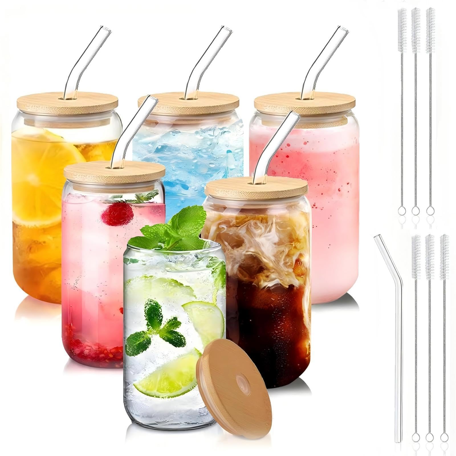 DAMCONME Glass Cups with Lids and Straws Set of 6 - 16oz Holiday Glass Tumblers for Iced Coffee, Juice, or Cocktails - Reusable 