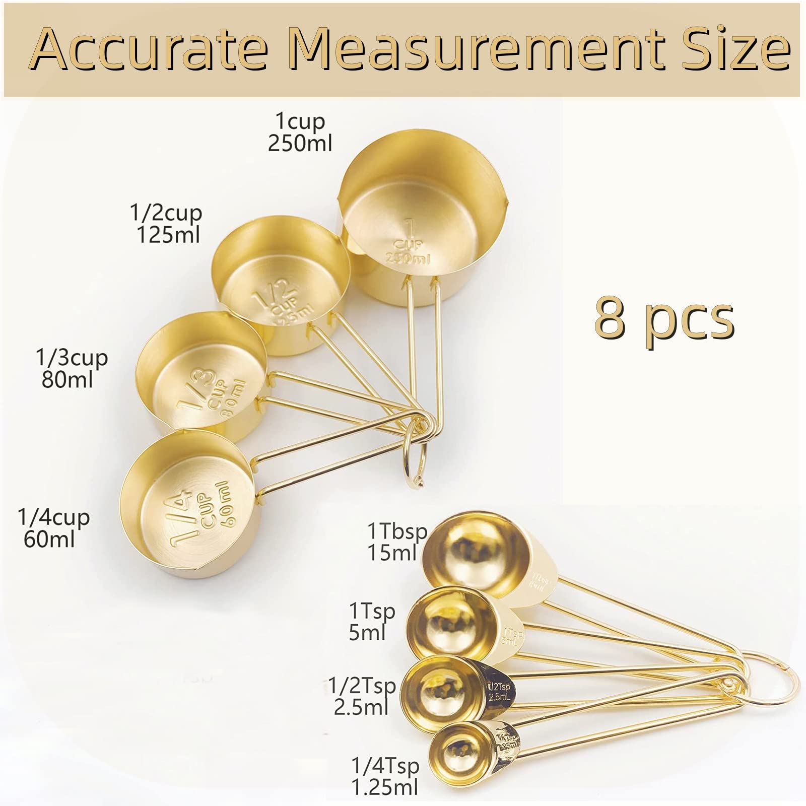 Lyfjxx Gold Measuring Cups And Spoons Set, 8 Pcs Metal Measuring Cups And Stainless Steel Measuring Spoons Set For Kitchen