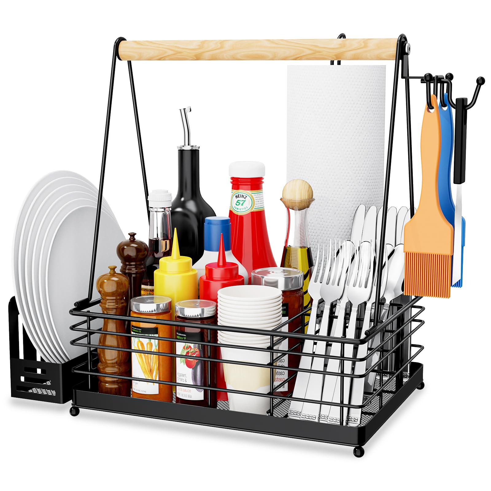 JBBTOOL Grill Caddy, BBQ Caddy for Outdoor Grill with Paper Towel Holder, Picnic Condiment Utensil Storage for Outdoor Camping, 