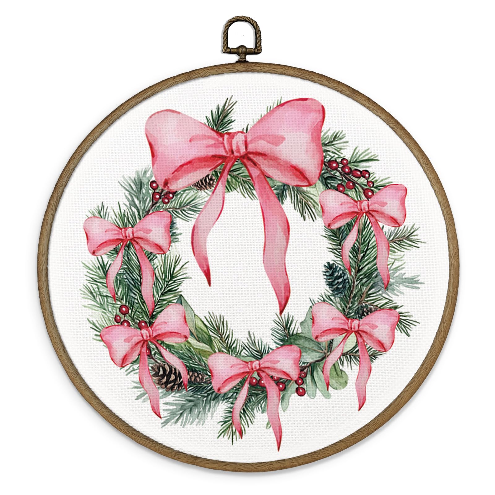 Maqika Pink Winter Wreath Bow Framed Wall Art Decor, Christmas Wall Decor, Preppy Xmas Round Wall Hanging Decor, Coquette Bow Ch