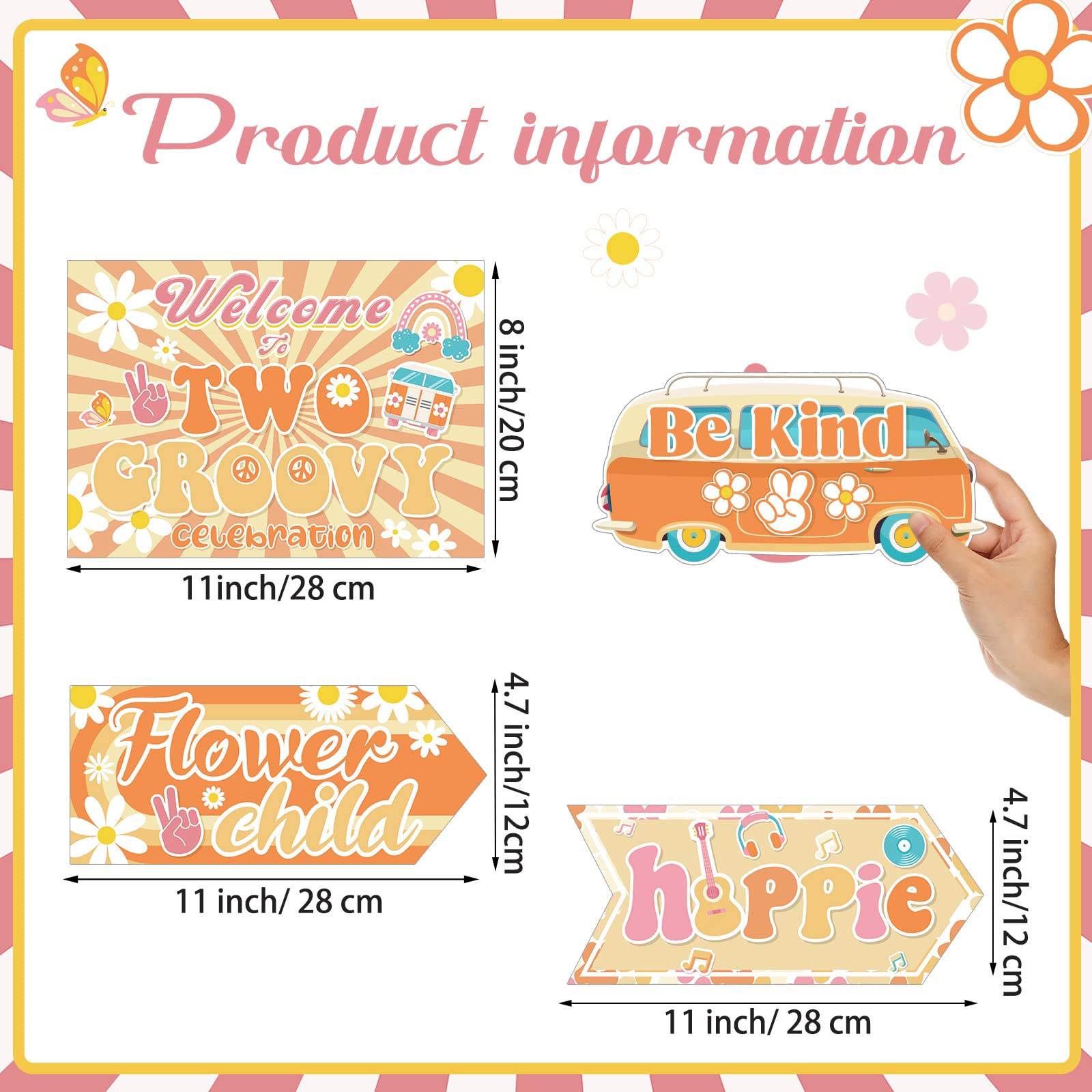 Jecery 20 Pcs Two Groovy Party Decorations Retro Hippie Boho Party Signs 60'S Retro Decor Groovy Party Decorations Boho Hippie W