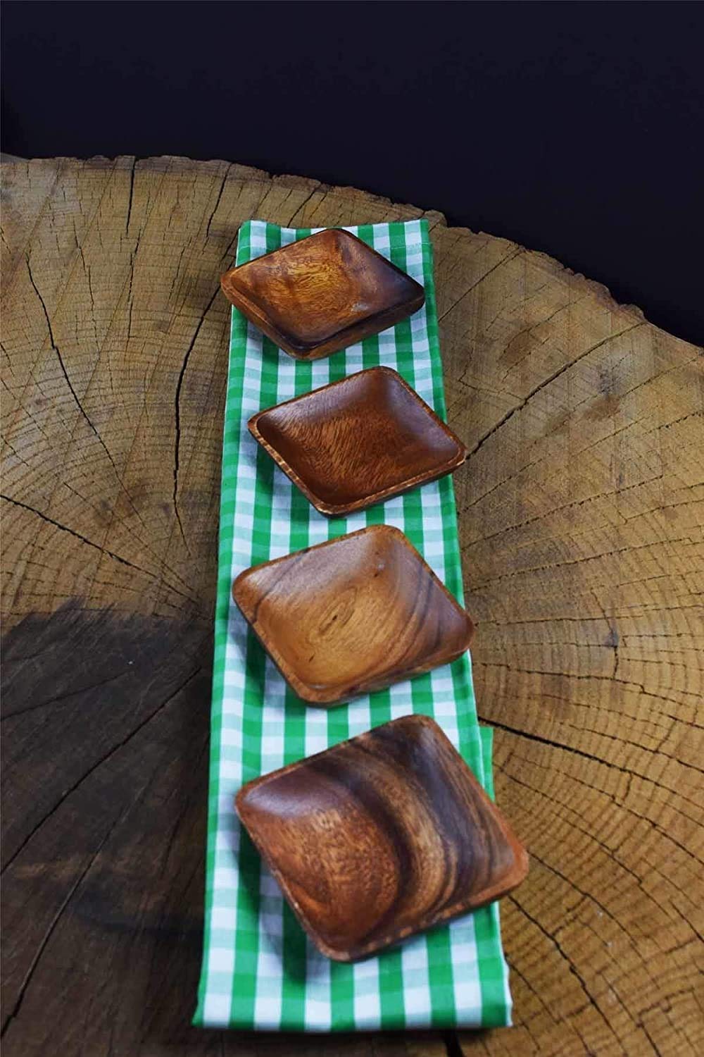 Acacia Handmade Wood Carved Plates - Set Of 4 Calabash Bowls Size 4'' (Square)