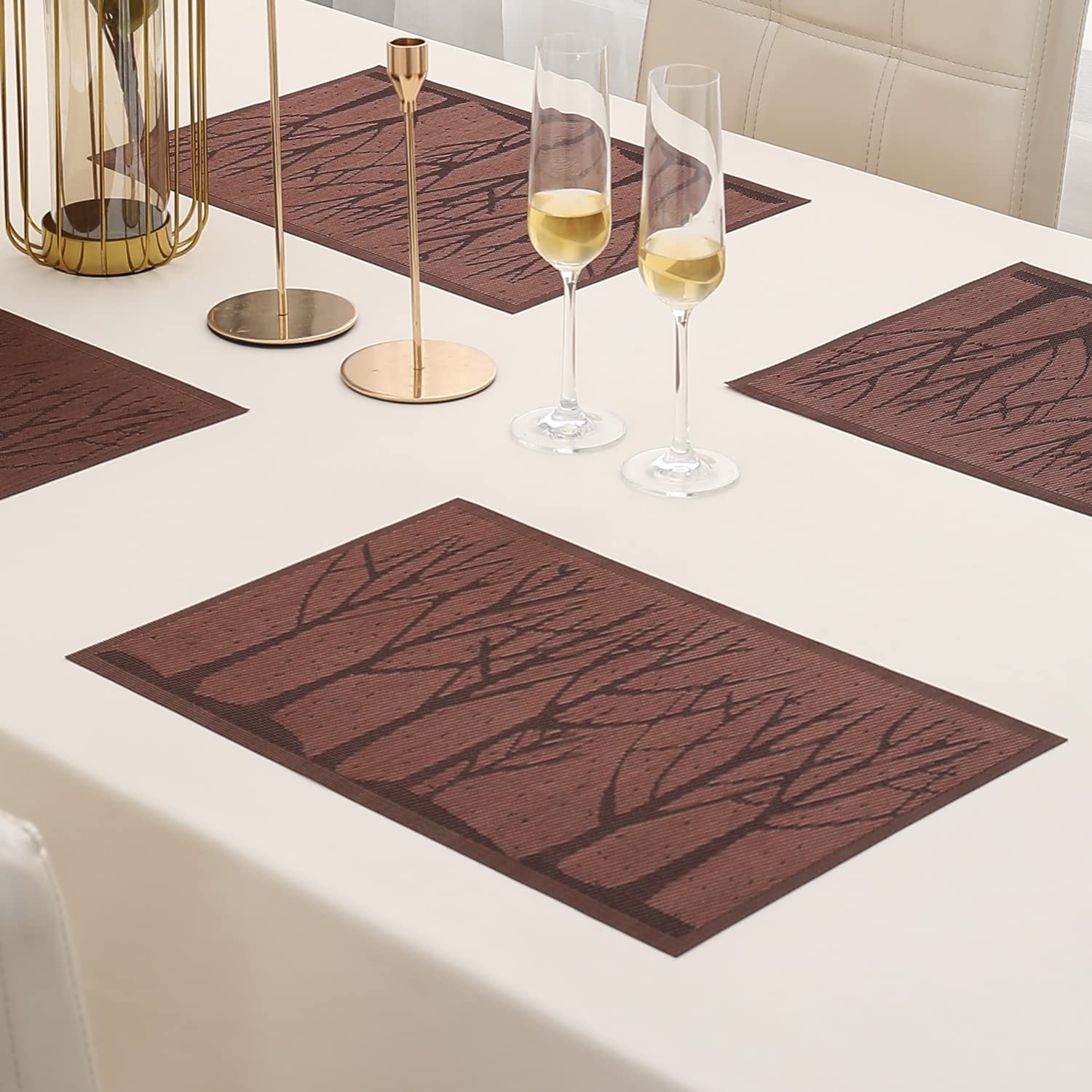 Hokipo Pvc Placemats Set Of 4 Dining Table Mats, 45X30 Cm, Tree Brown