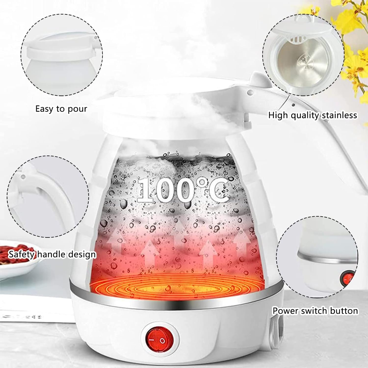 UpdateClassic Portable Electric Kettle 0.6L, Stainless Steel, White, Model SYS-01, Foldable Travel Design for Coffee & Tea