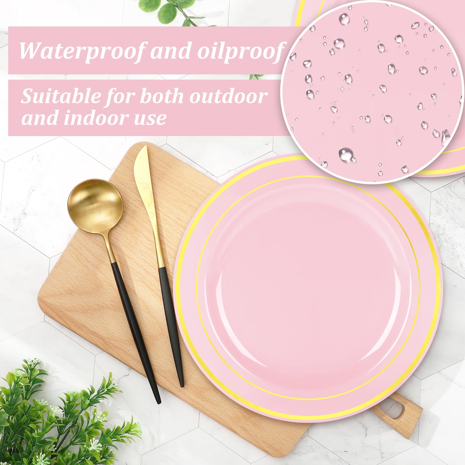 Whaline 50Pcs Valentine'S Day Light Pink Plastic Plate Gold Foil Bordered Disposable Plate Decorative Dinner Dessert Plate For W