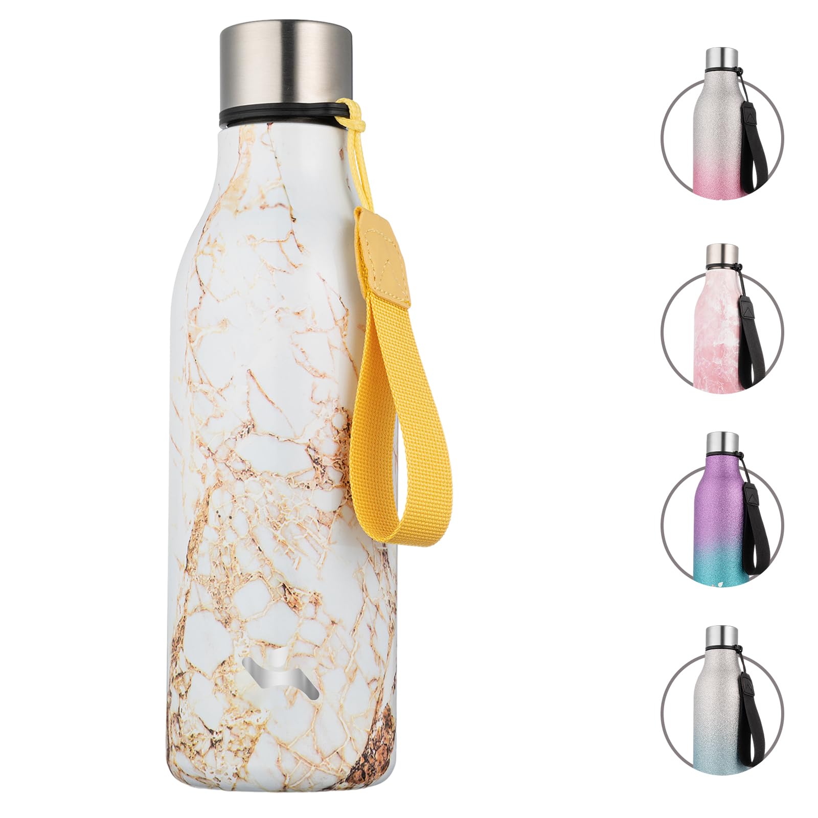 Konokyo Insulated Water Bottle with Strap,18 oz Double Wall Stainless Steel Vacuum Bottles Metal Water Flask,Marble Amber