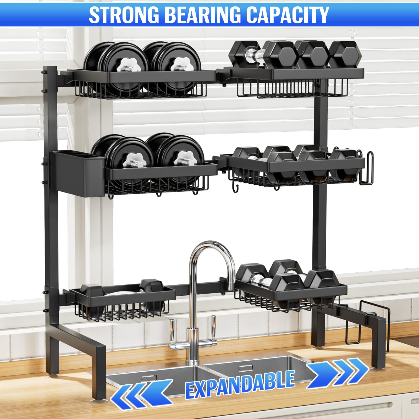 Snslxh 3 Tiers 6 Baskets Dish Drying Rack, 24.8-35.4,Over Sink Dish Drying Rack, 3-Tier Large Sink Rack For Kitchen, Extensi