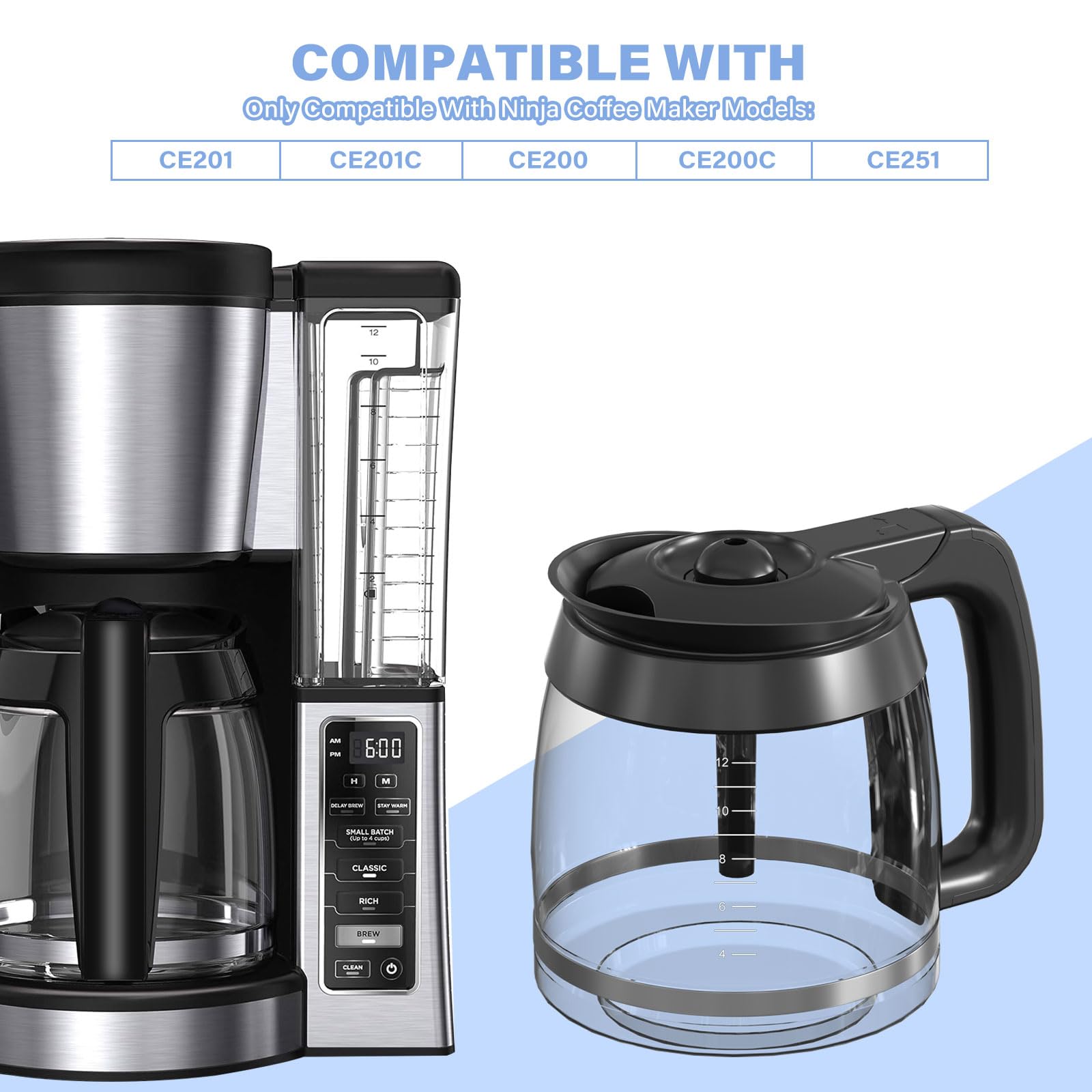 12-Cup Coffee Pot Replacement Carafe Compatible With Ninja Coffee Brewer Maker Models Ce251 Ce201 Ce201C Ce200 Ce200C Model# Xgl