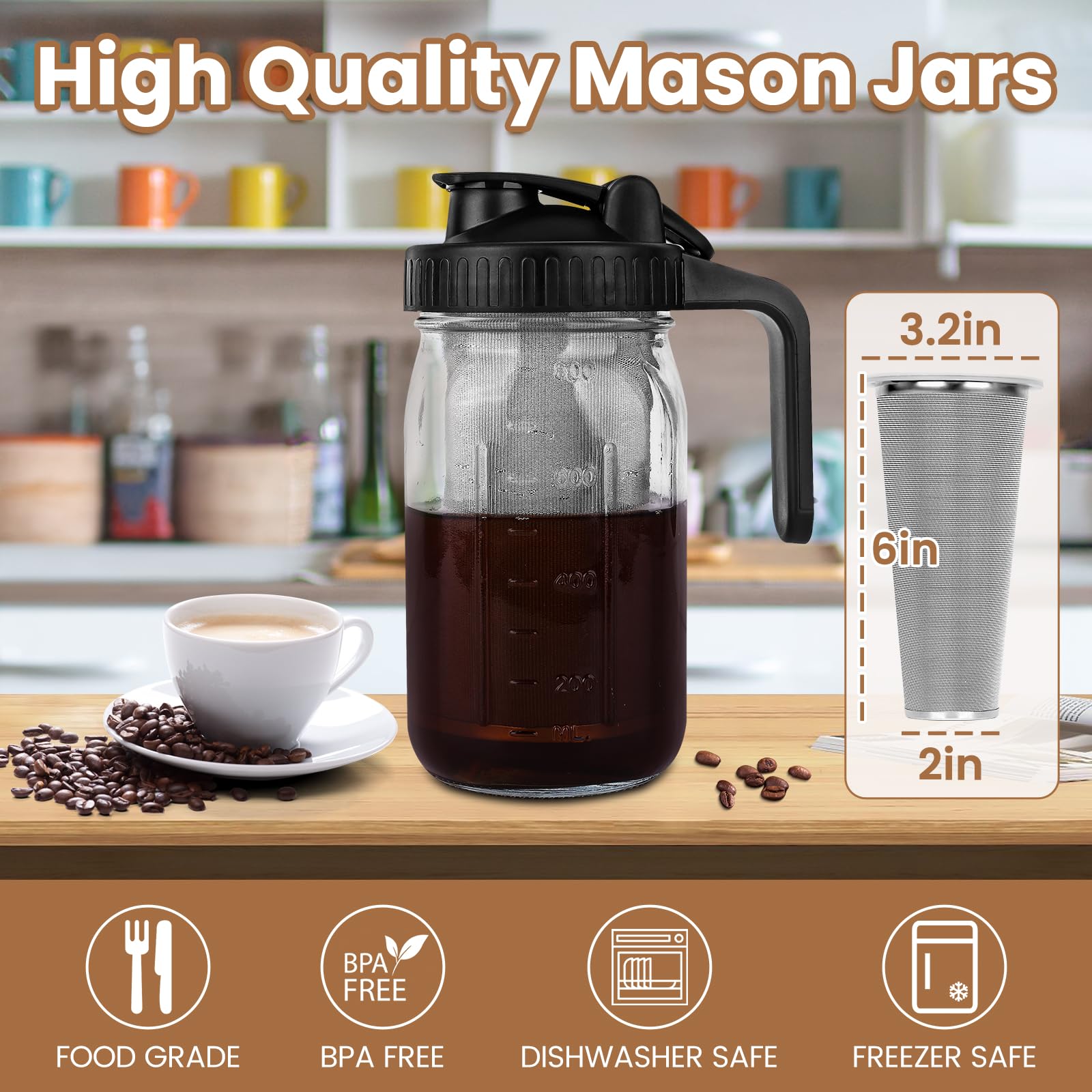 Cold Brew Coffee Maker, 32Oz Cold Brew Pitcher With Stainless Steel Super Dense Filter, Durable Glass, Bpa Free Sturdy Mason Jar
