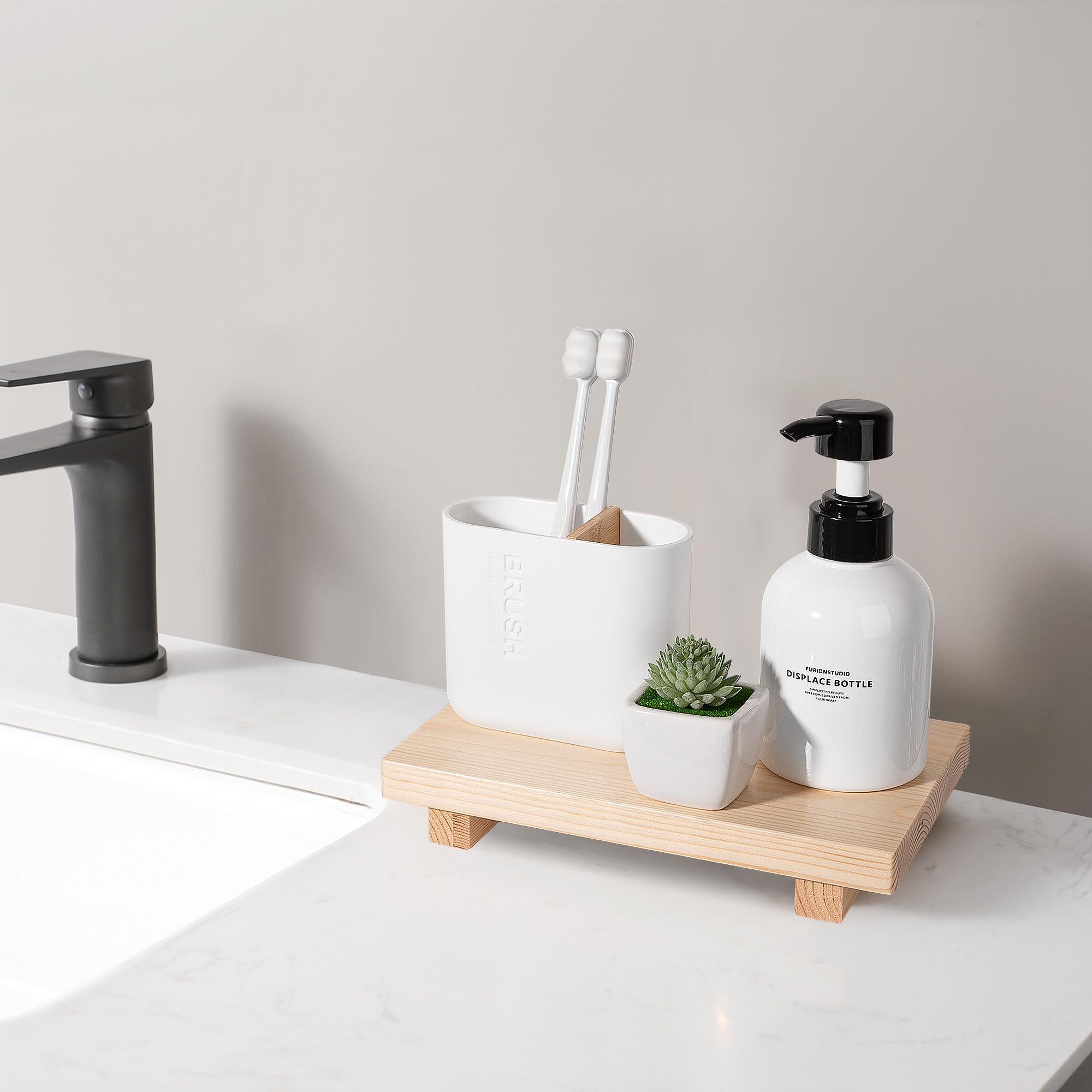 Bathroom Counter Organizer Wood Pedestal Stand Farmhouse Decorative Tray Soap Holder For Kitchen Decor, 9'' X 6'' - Burlywood