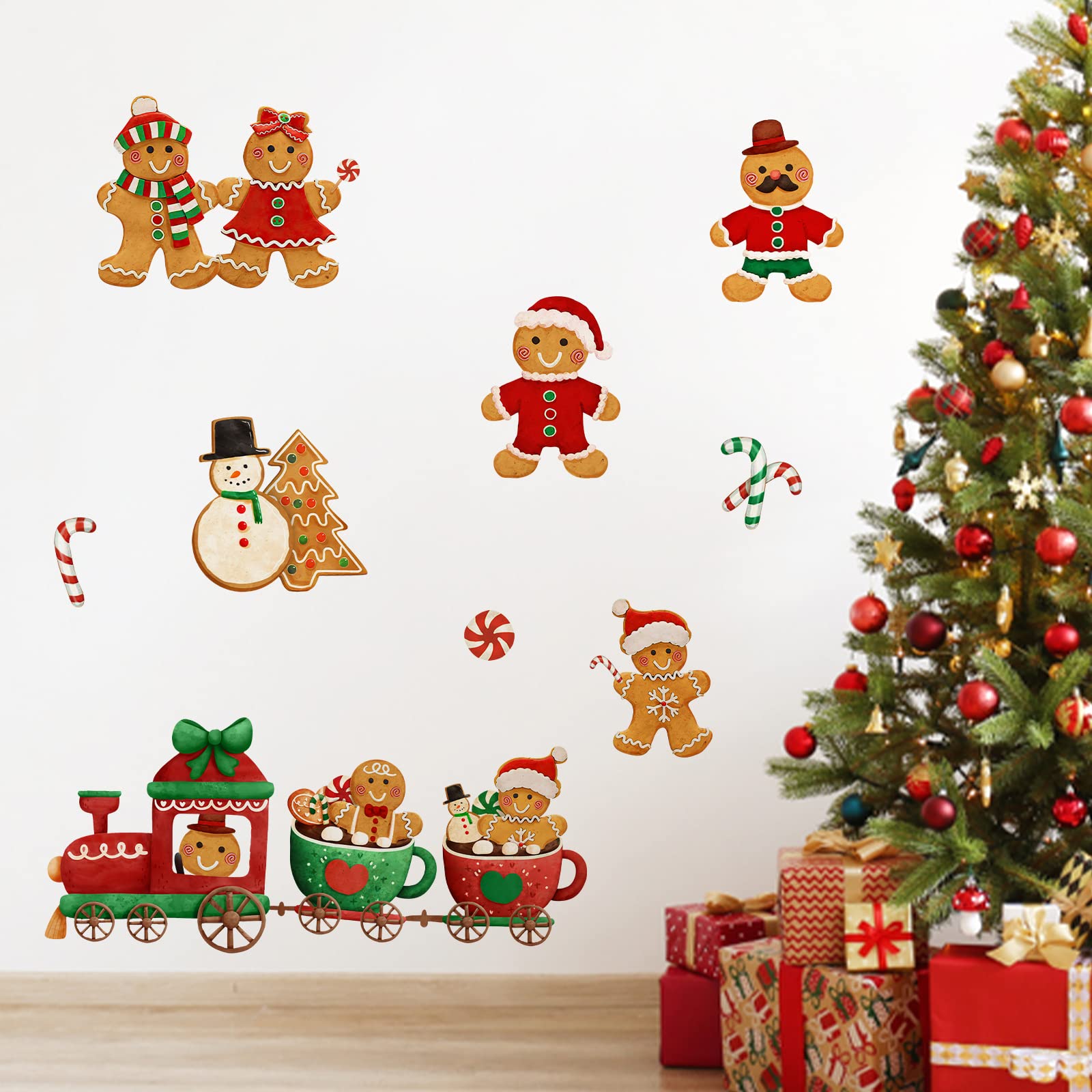 Yovkky Christmas Gingerbread Man Wall Decals Stickers, Xmas Snowman Santa Claus Winter Home Bedroom Decor, 2024 New Year Candy C