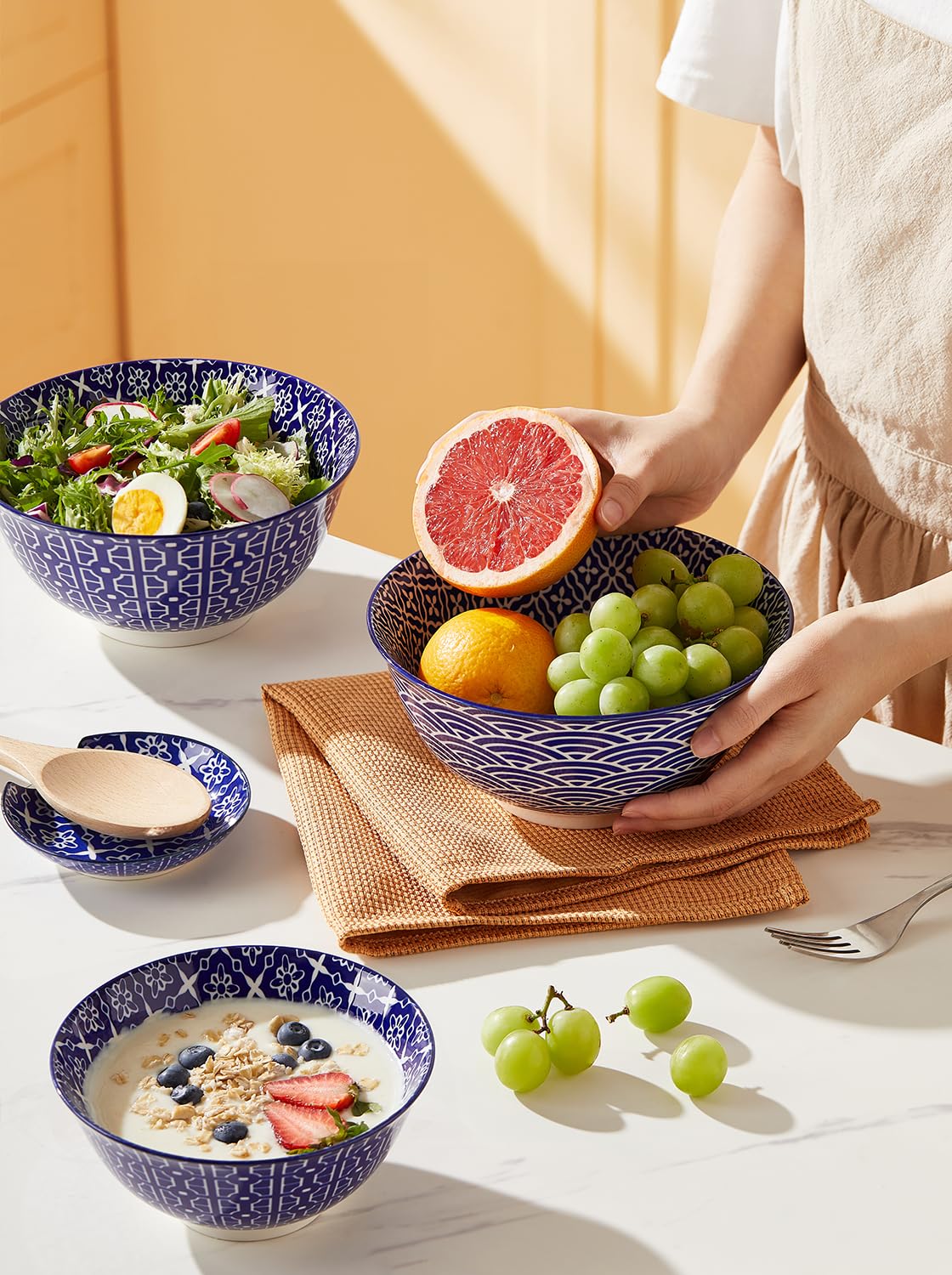 Metahom Salad Soup Bowls, Blue And White Serving Bowls For Pho, Pasta Rarmen, 48 Oz Large Ceramic Bowls For Kitchen, Set Of 3, M