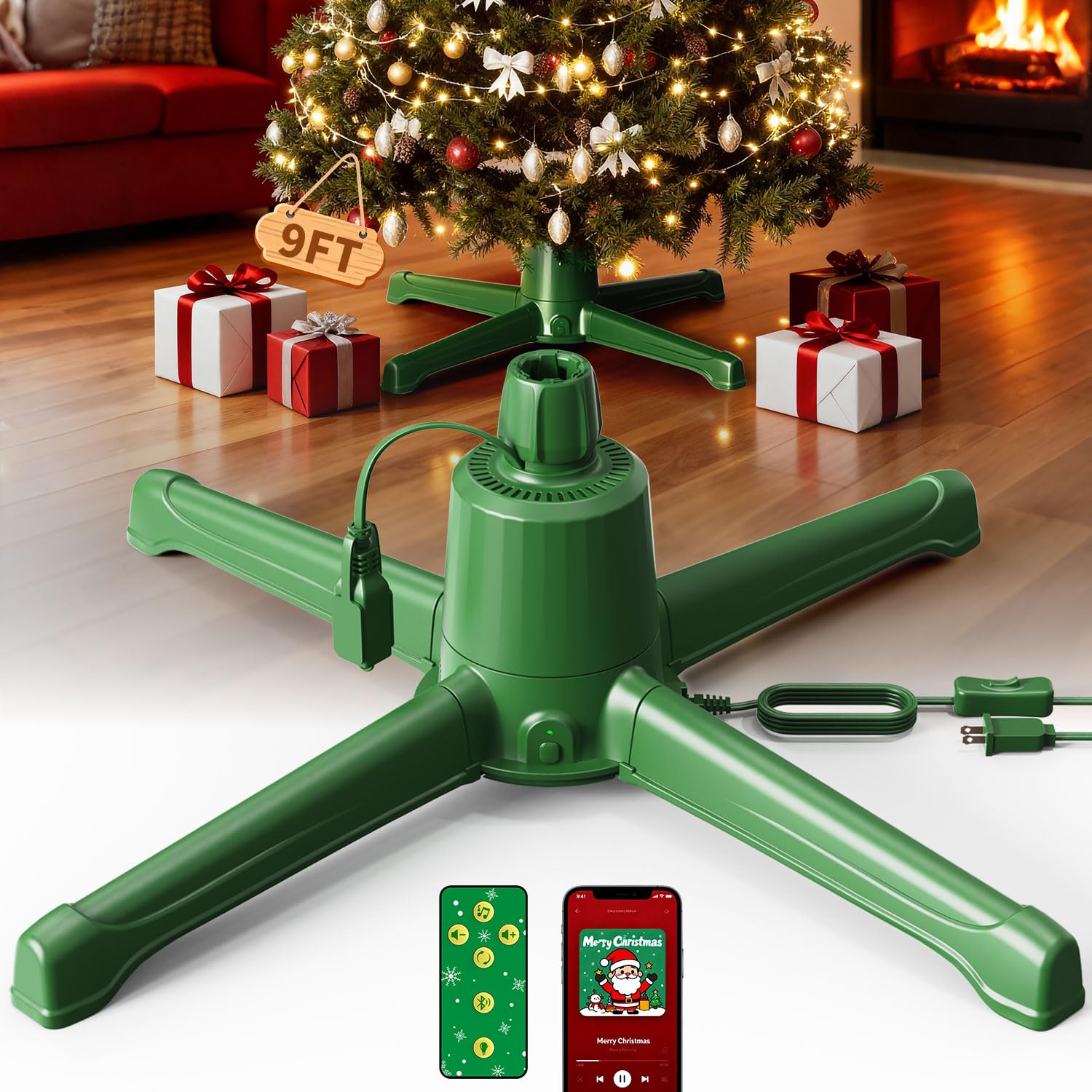 HOPOCO Musical Rotating Christmas Tree Stand with Remote, Anti-Tilt Noiseless 360-Degree Spinning Tree Stand Base with Speaker &