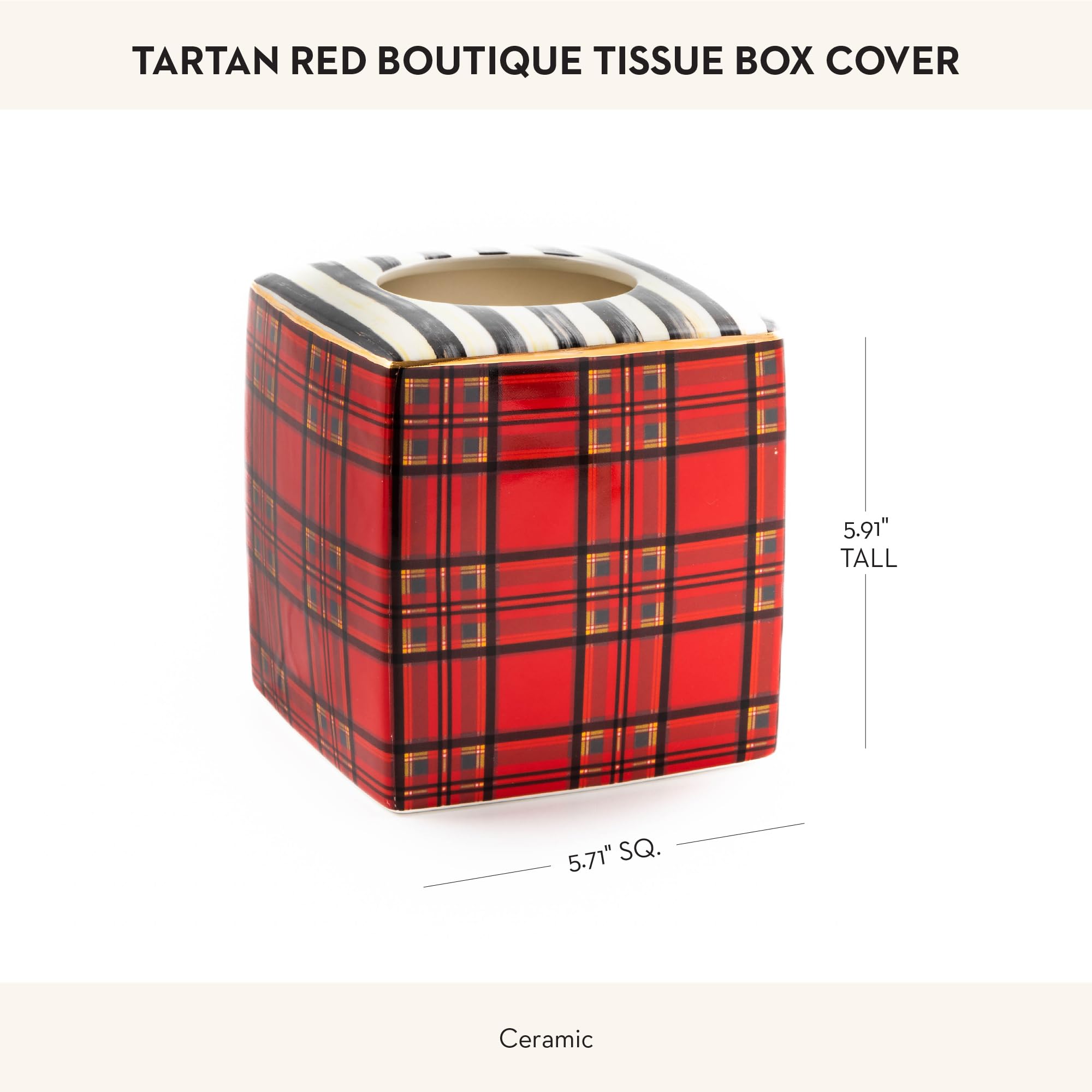 MACKENZIE-CHILDS Boutique Square Tissue Box Cover, Ceramic, Red Tartan, Model 45104-015, Home Decor