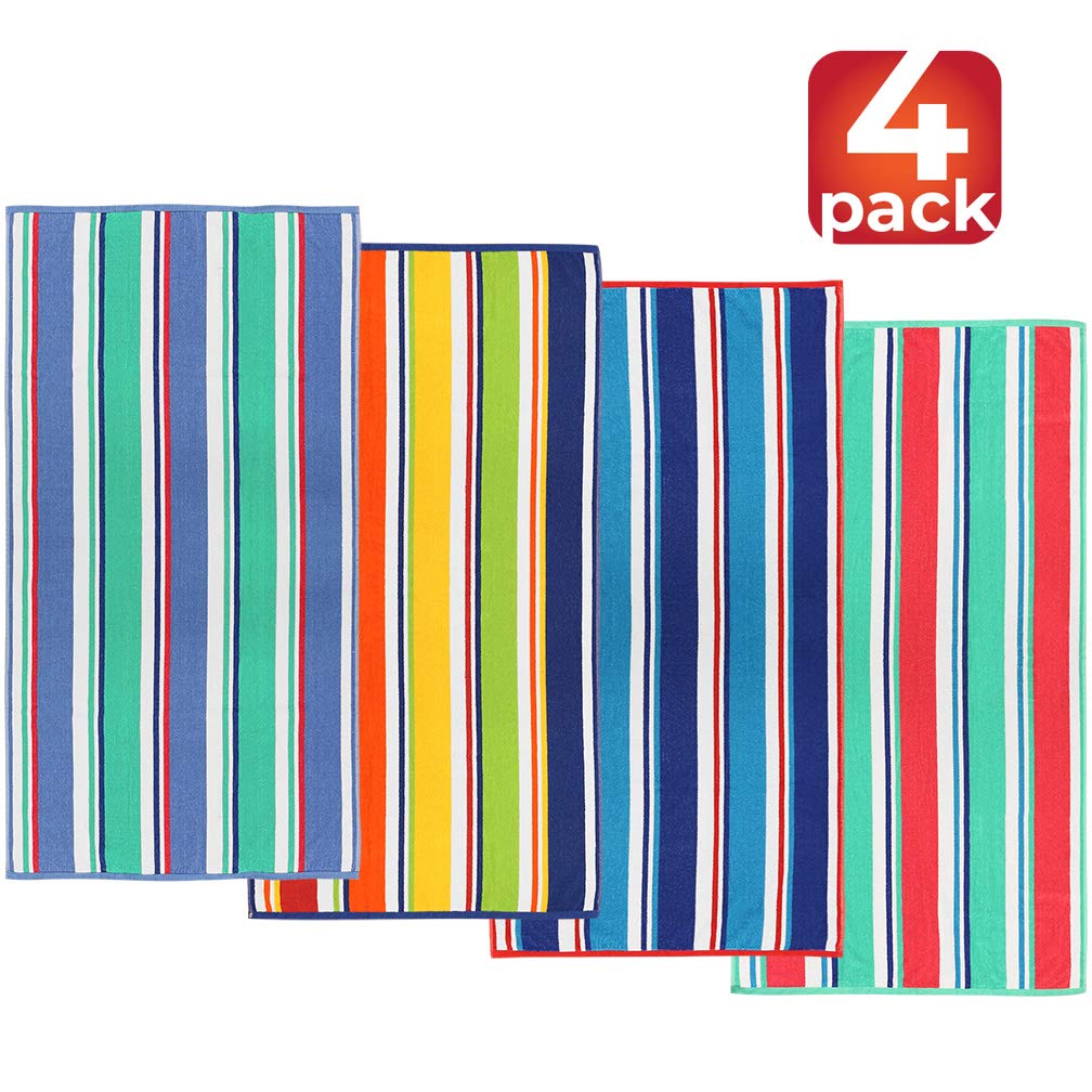 Extra Large Terry Loop Cabana Stripe Beach Towel 34 X 63 Inch Soft Resort Style (Assorted Cabana, 4 Pack)