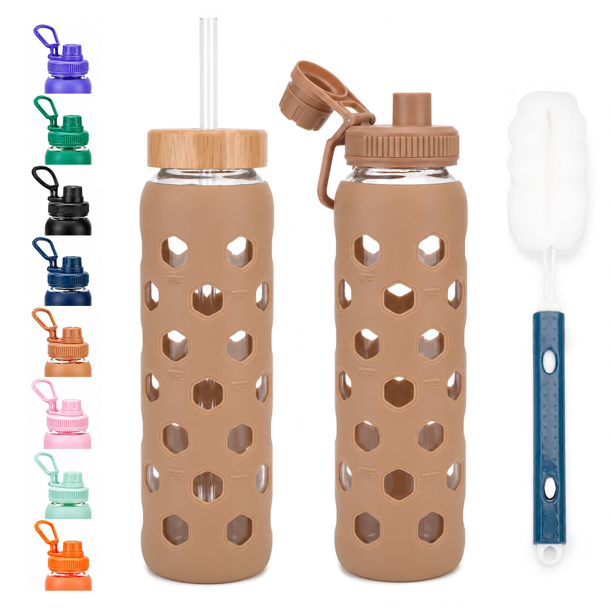 Zukro 32 oz Glass Water Bottles with Silicone Sleeve, Leak Proof, Amber