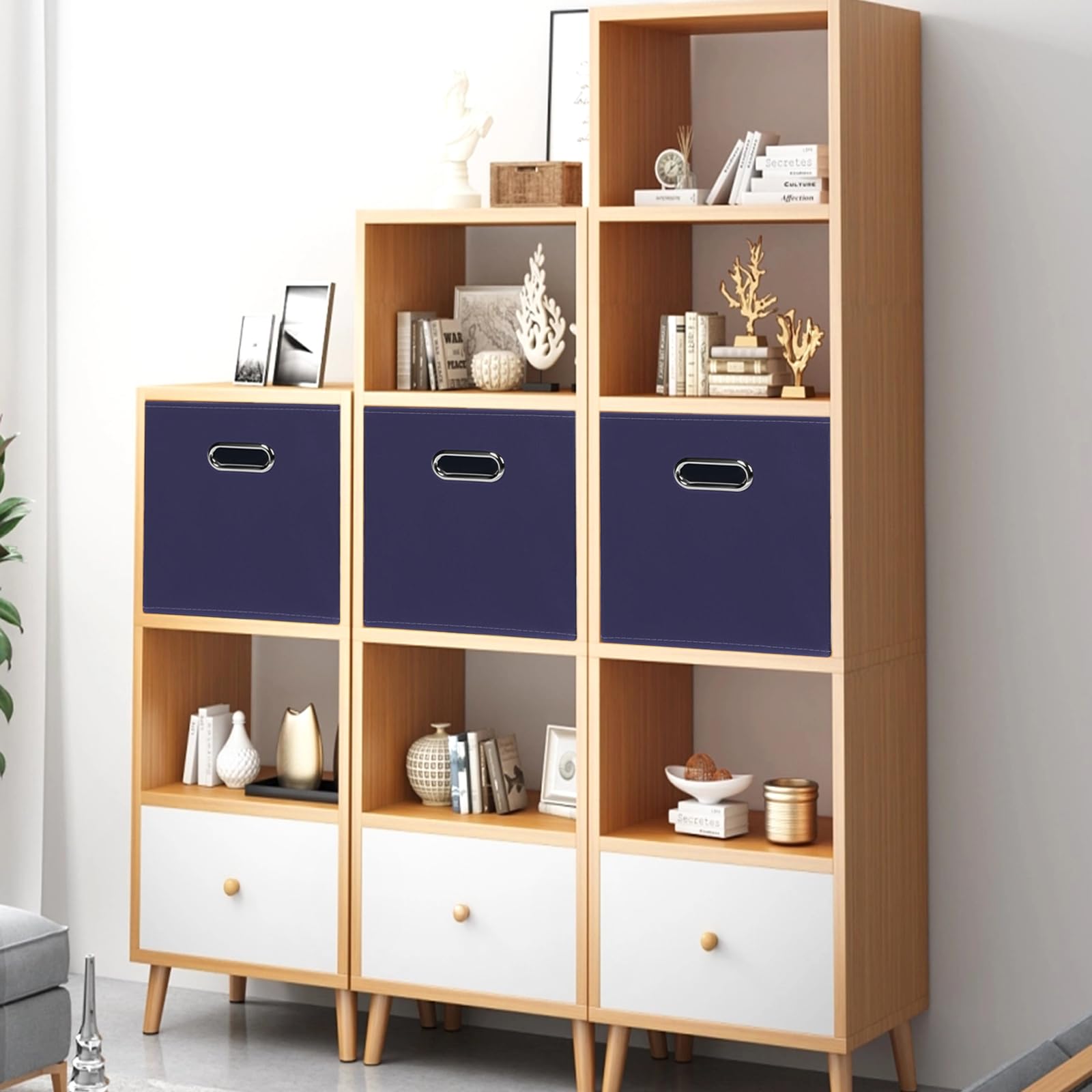 Heayeeg Black Foldable Storage Cubes Bins , Fabric Storage Box Cubes Organizer Baskets With Dual Handles For Home Organizer (Nav