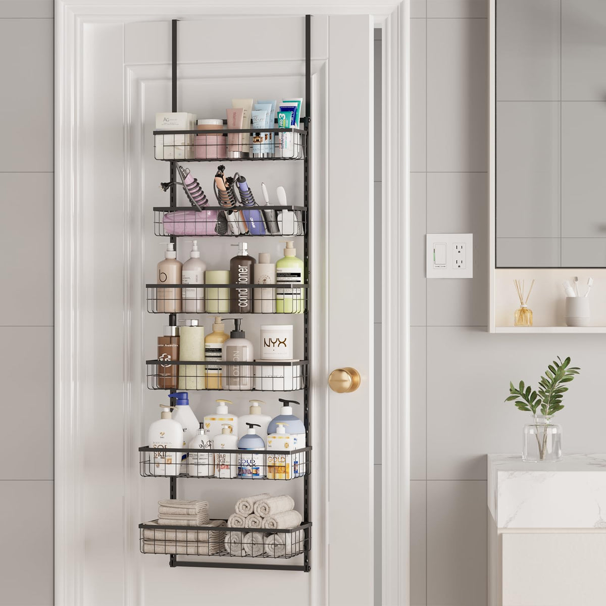 LUMAMU Over The Door Bathroom Organizer, 6-Tier Adjustable Metal Baskets Hanging Bathroom Organizer, Over The Door Organizer wit