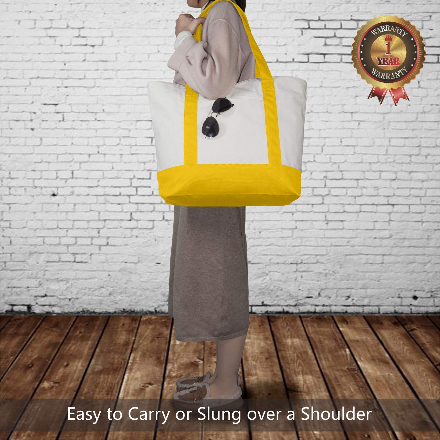 Topdesign Stylish Canvas Tote Bag With An External Pocket, Top Zipper Closure, Daily Essentials (Yellow/Natural)