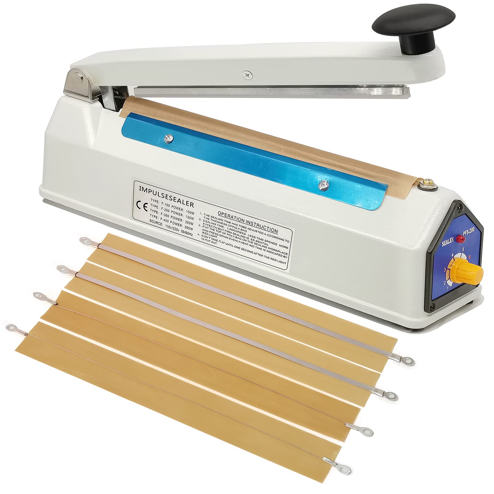 Impulse Sealer 8 Inch 5mm Sealing Heat Sealer for Plastic Bags, Iron Metal Shell, Mylar Bag Sealer, Manual Poly Plastic Bag Hot 