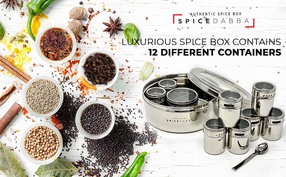 spice dabba Stainless Steel Indian Spice Box,Salt Pepper Unique Design for Spices,Steel Masala DabbaSpice Container with Lid  Ki