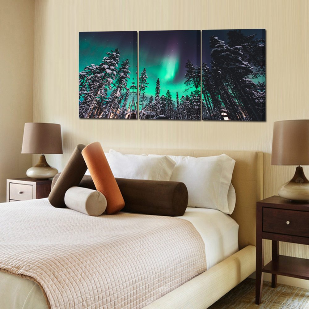 KREATIVE ARTS Northern Lights Canvas Print Norway Nature Green Aurora Borealis Poster Snow Tree Forest Landscape Painting Wall Art Modern Giclee Artwork Ready To Hang 16x24inchx3pcs
