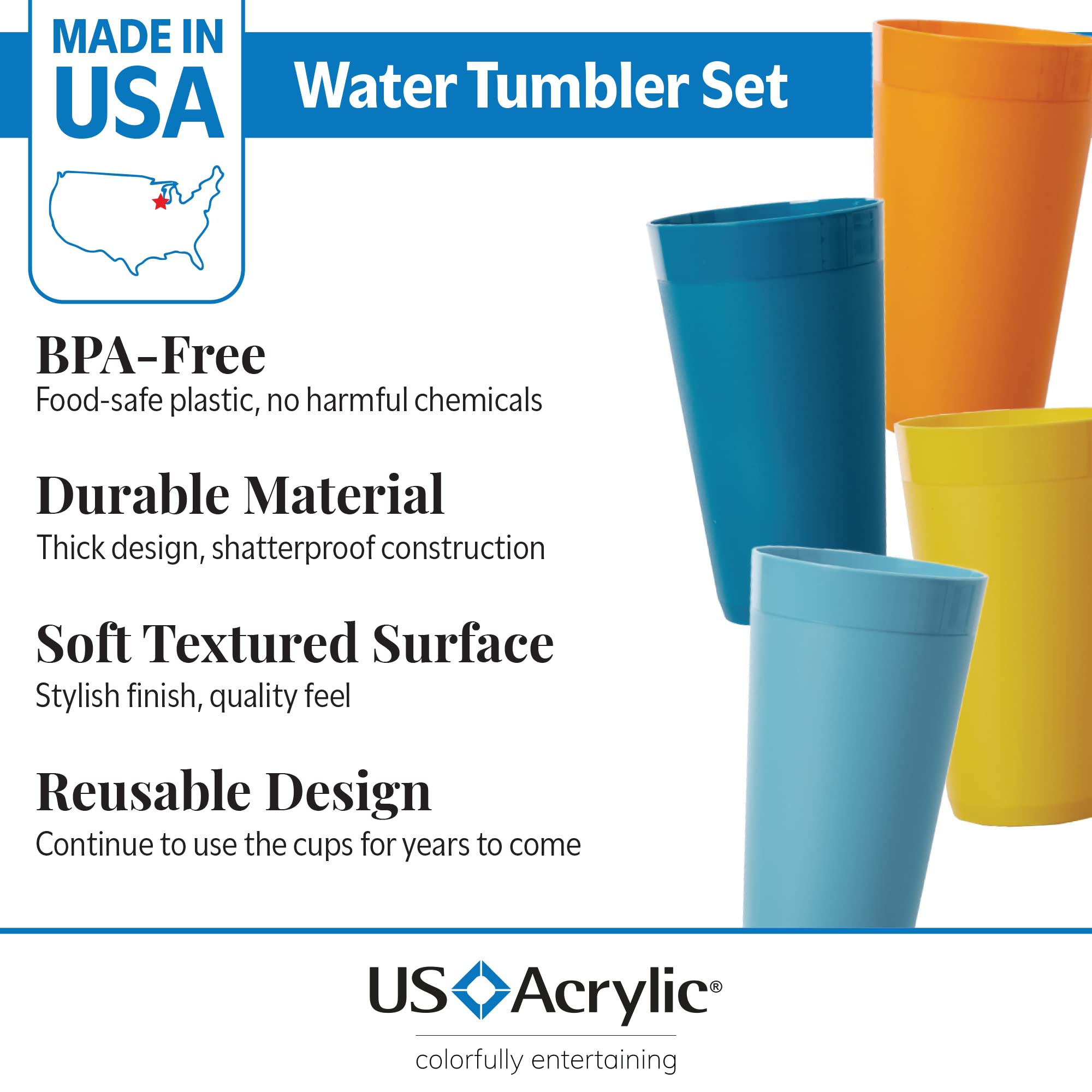 Us Acrylic Newport 20 Ounce Unbreakable Plastic Stackable Water Tumblers In 4 Sunrise Colors | Set Of 12 Drinking Cups | Reusabl