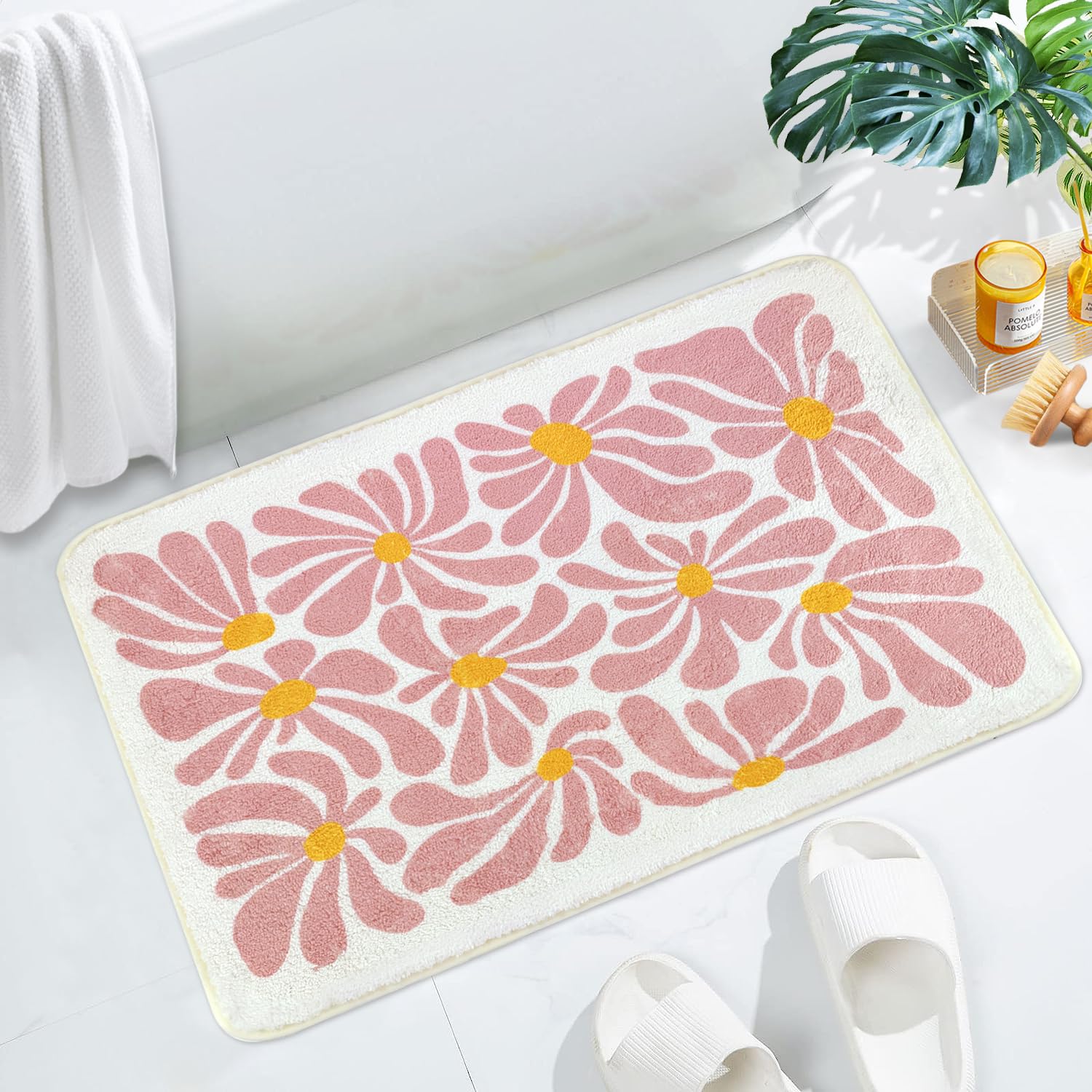 Shiyue Pink Bathroom Mat Cute Flower Bath Rug, Soft Cozy Microfiber Slip Floor Carpet Decor Absorbent Washable,Girls Bedroom Bat
