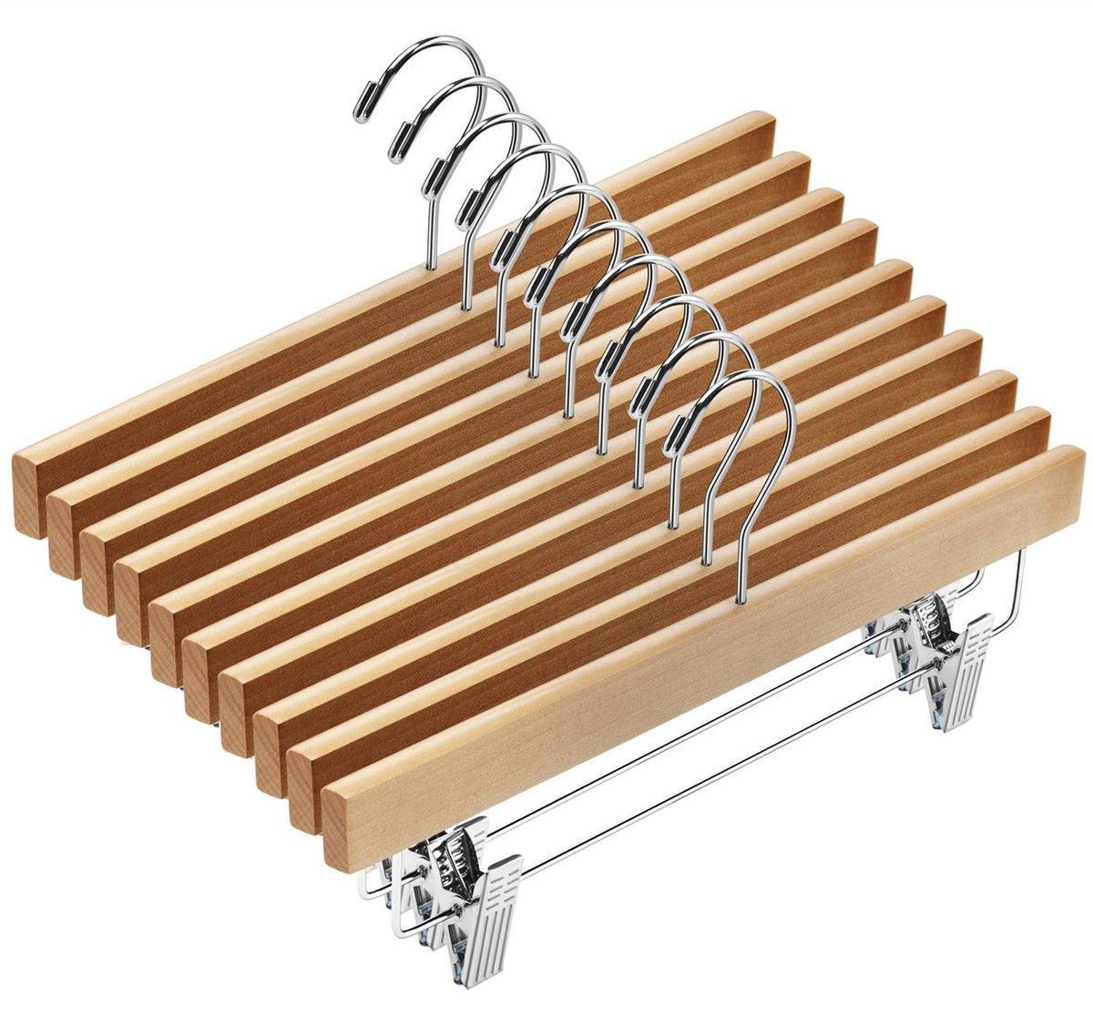 Amkufo 20Pcs Wooden Pants Hangers Solid Pants Hangers With Adjustable Clips 14 Inch Natural Wood Skirt Hangers Trousers Bottom H