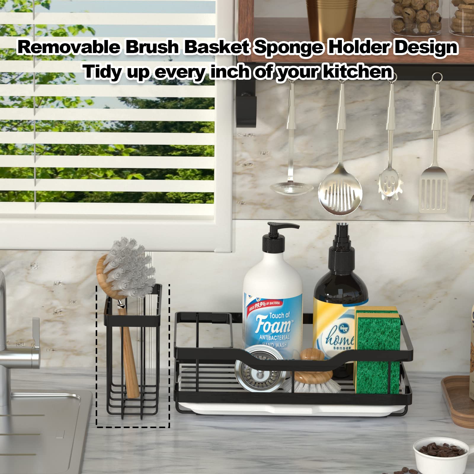 Fssvcd Multifunctional Sponge Holder For Kitchen Sink, Kitchen Sink Caddy Organizer With Detachable Brush Holder, 304 Stainless