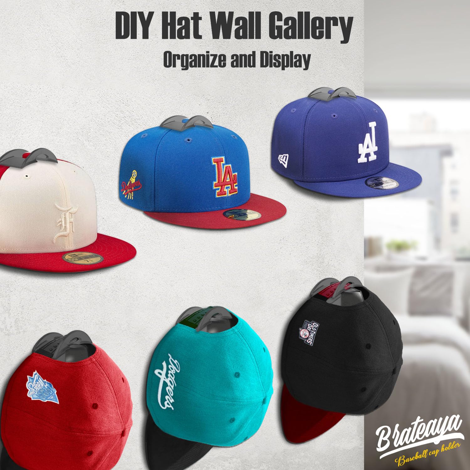 Brateaya Hat Hooks For Baseball Caps Wall Mount (20 Pack), 2 Different Ways Hat Racks To Organize & Display, Adhesive Hat Holder