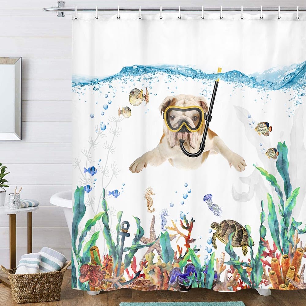 Uokiuki Funny Diving English Bulldog Fabric Shower Curtain, Coral Reef Fish Turtle Octopus Starfish Shower Curtain For Bathroom,