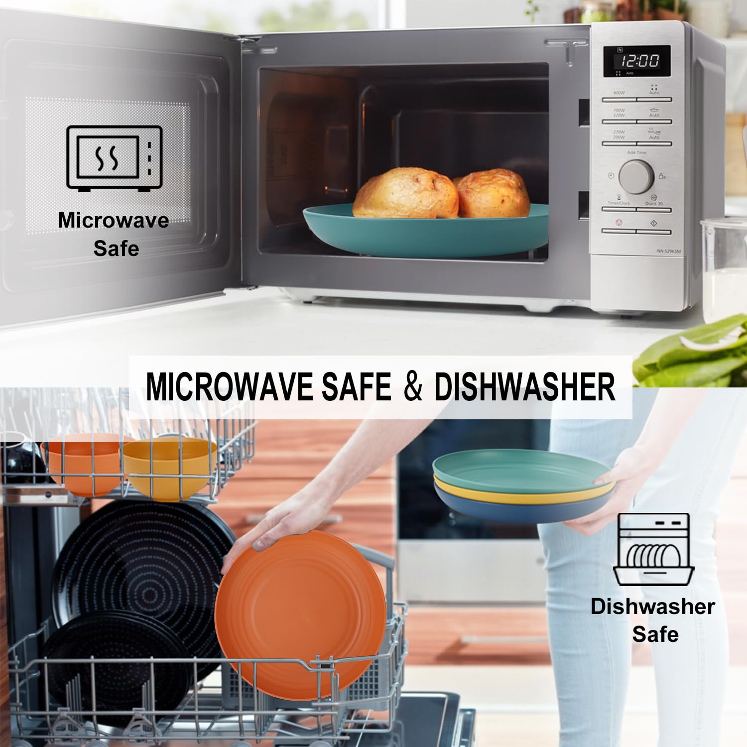 28 Piece Wheat Straw Dinnerware Sets,Dishwasher & Microwave Safe Plates And Bowls Sets - Unbreakable Plastic Dinnerware Sets For