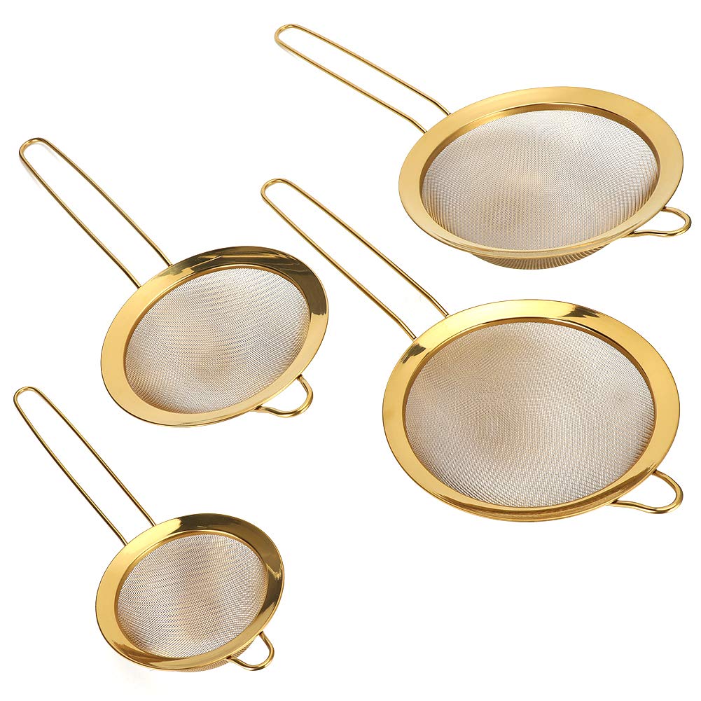 4Pcs Mesh Strainers For Kitchen, Metal Strainer Set Gold Strainer Fine Mesh Strainer With Handle For Tea Coffee Powder Rice Flou