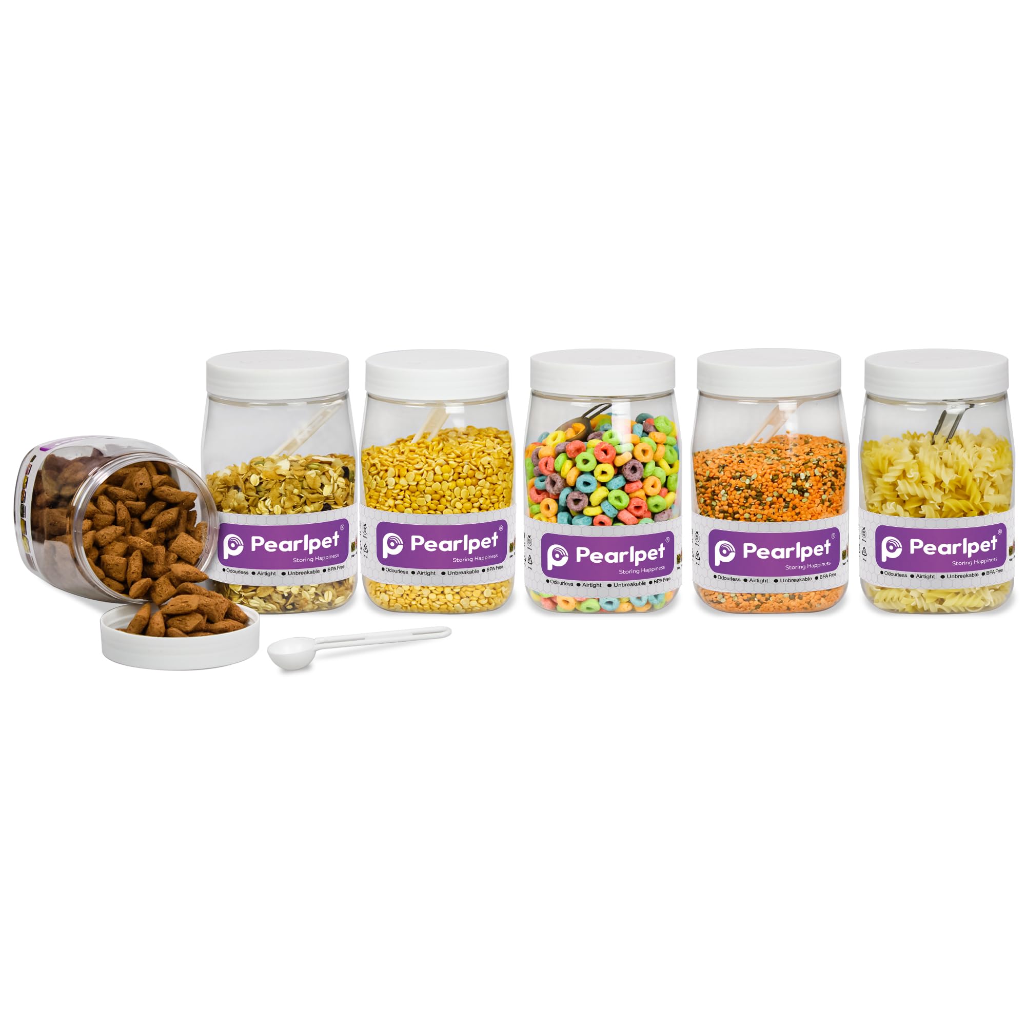 Pearlpet Transparent Space Saver Container Set For Kitchen Storage Set With Plastic White Lid And Spoons, 2000 Ml Set Of 6 Piece