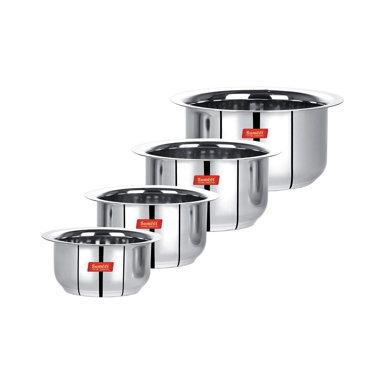 Sumeet Stainless Steel Mini to Small Size Flat Bottom Induction & Gas Stove Friendly Tope/Patila/Cookware Set of 4Pcs (370ML, 55