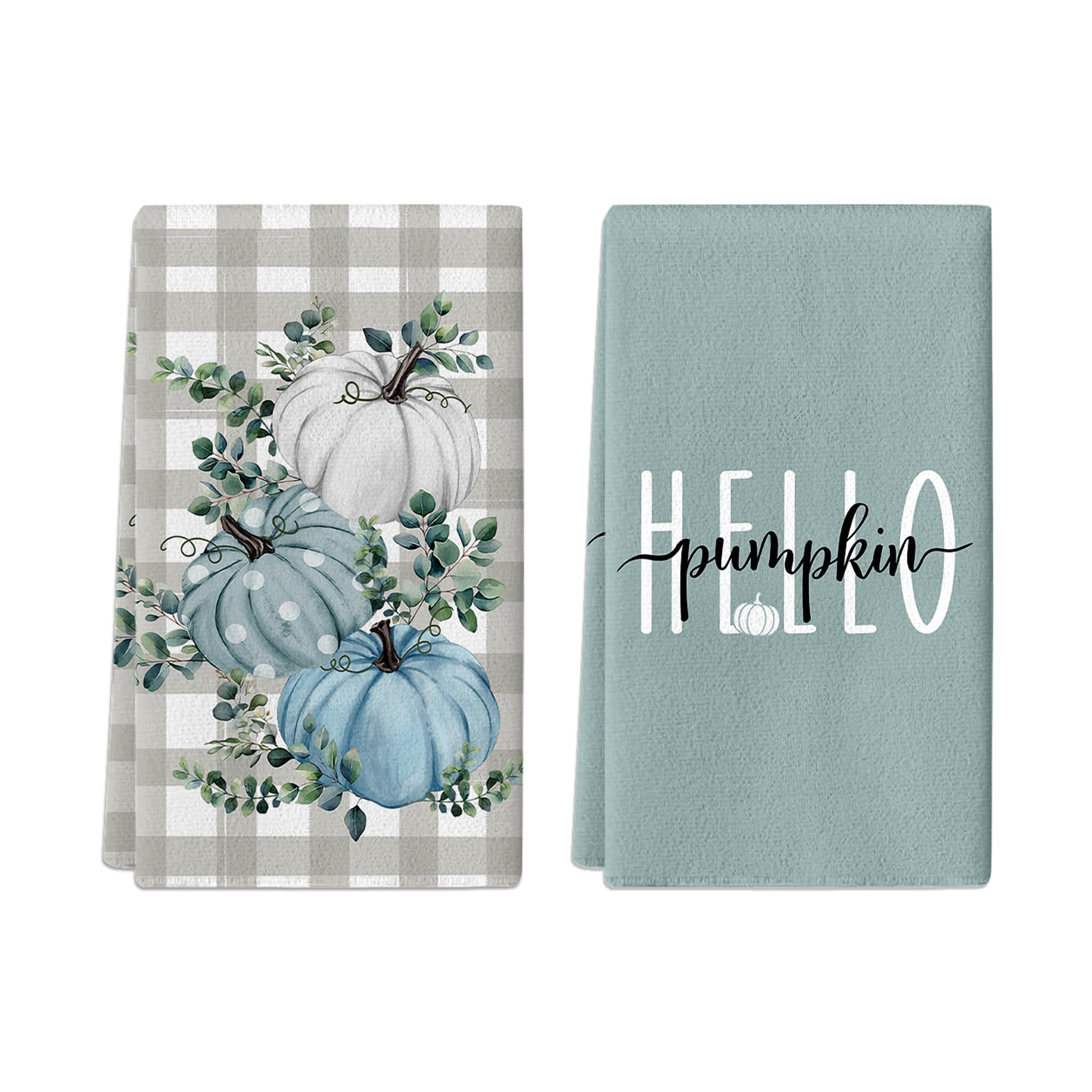 Antpfae Fall Hand Towels Set Of 2, Hello Pumpkin Blue Eucalyptus Leaves Bath Hand Towels For Bathroom Decorative Autumn Soft Abs